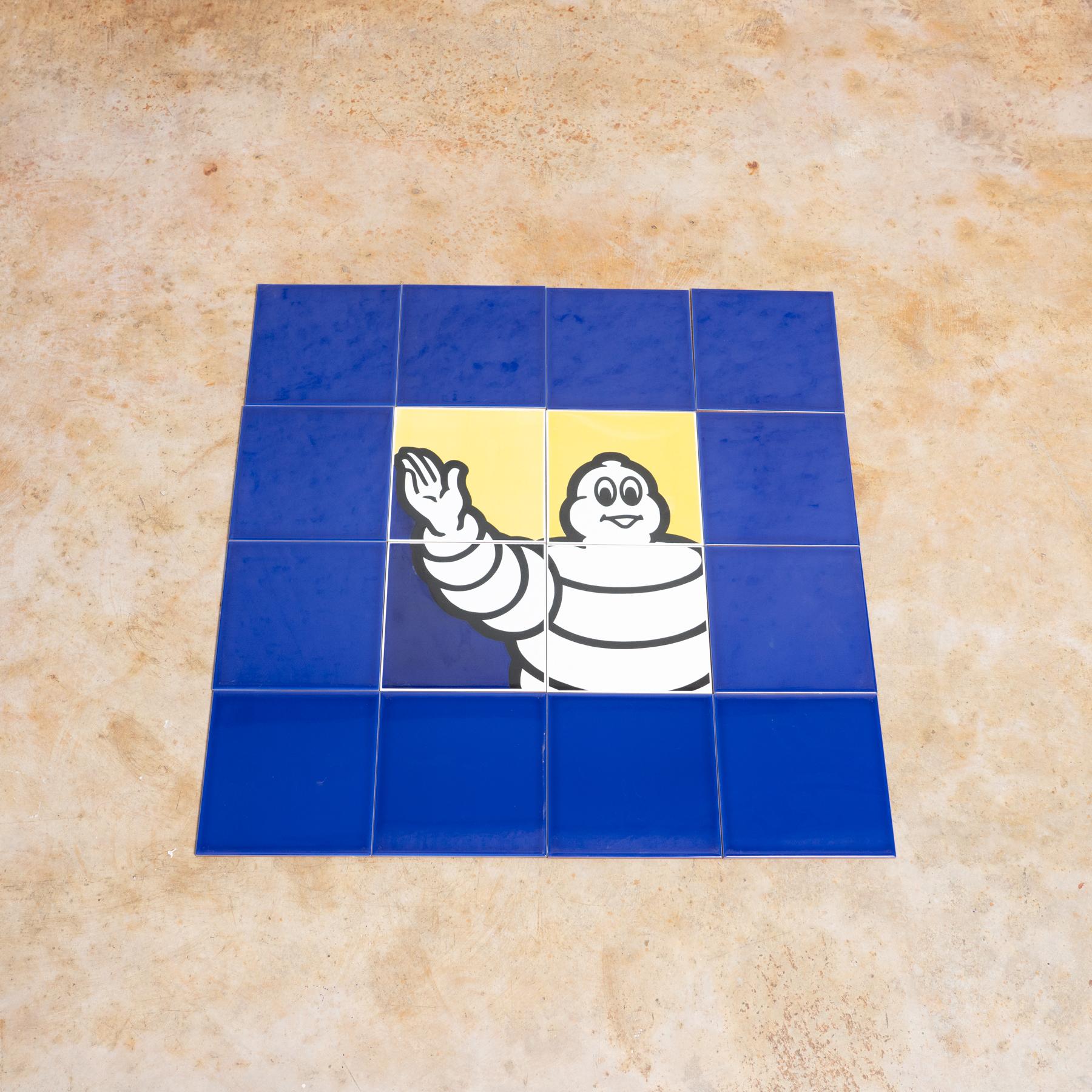 Set of sixteen Michelin Man tiles, by unknwon manufacturer from Spain, circa 1960.

In original condition, with minor wear consistent with age and use, preserving a beautiful patina.

Materials:
Ceramic.

