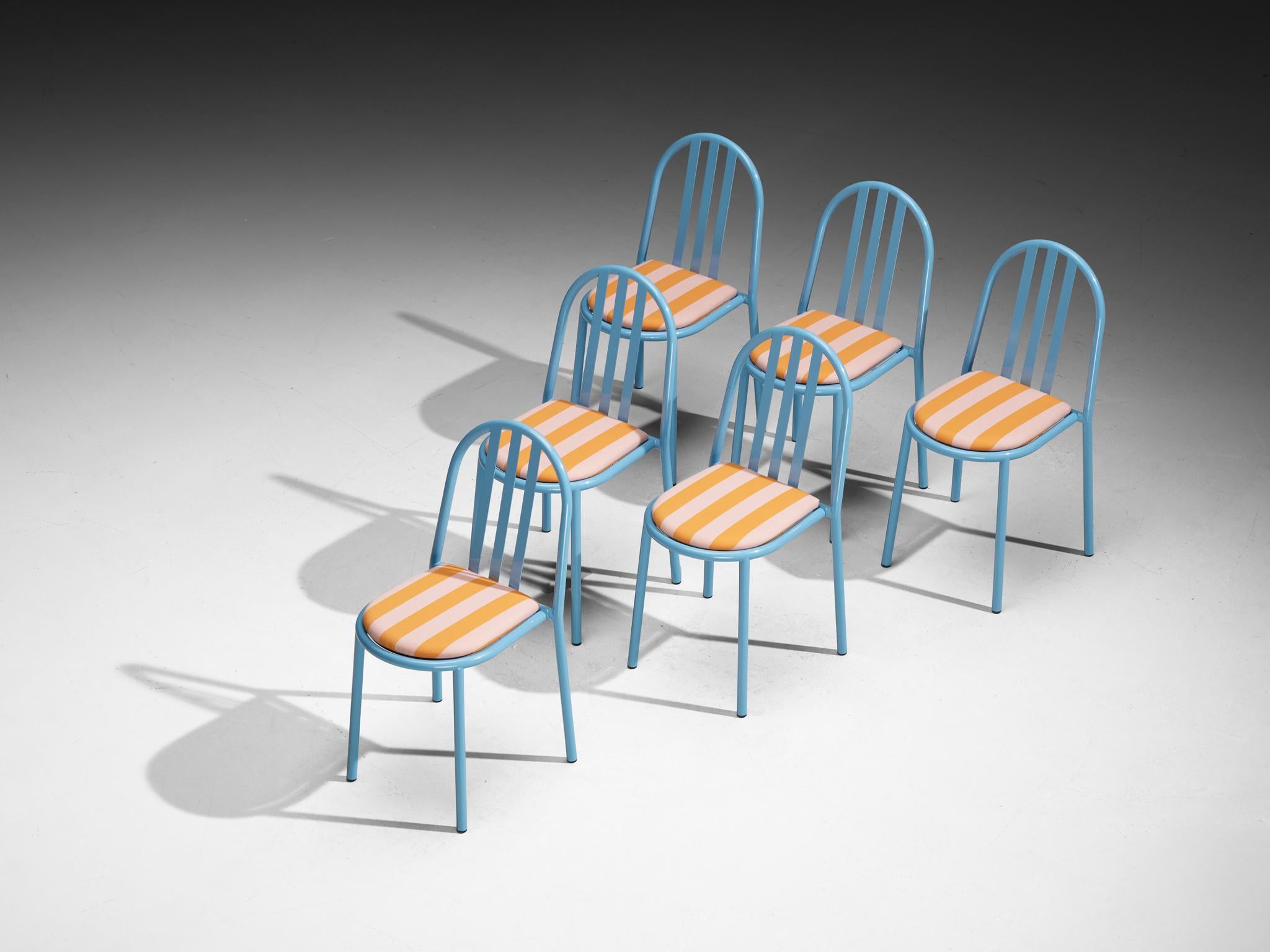 Robert Mallet Stevens for Stevens designs, set of six dining chairs, lacquered steel, fabric, France, design 1928, production later

Admirable set of sky blue lacquered tubular chairs with orange-white striped seats, designed by one of the masters