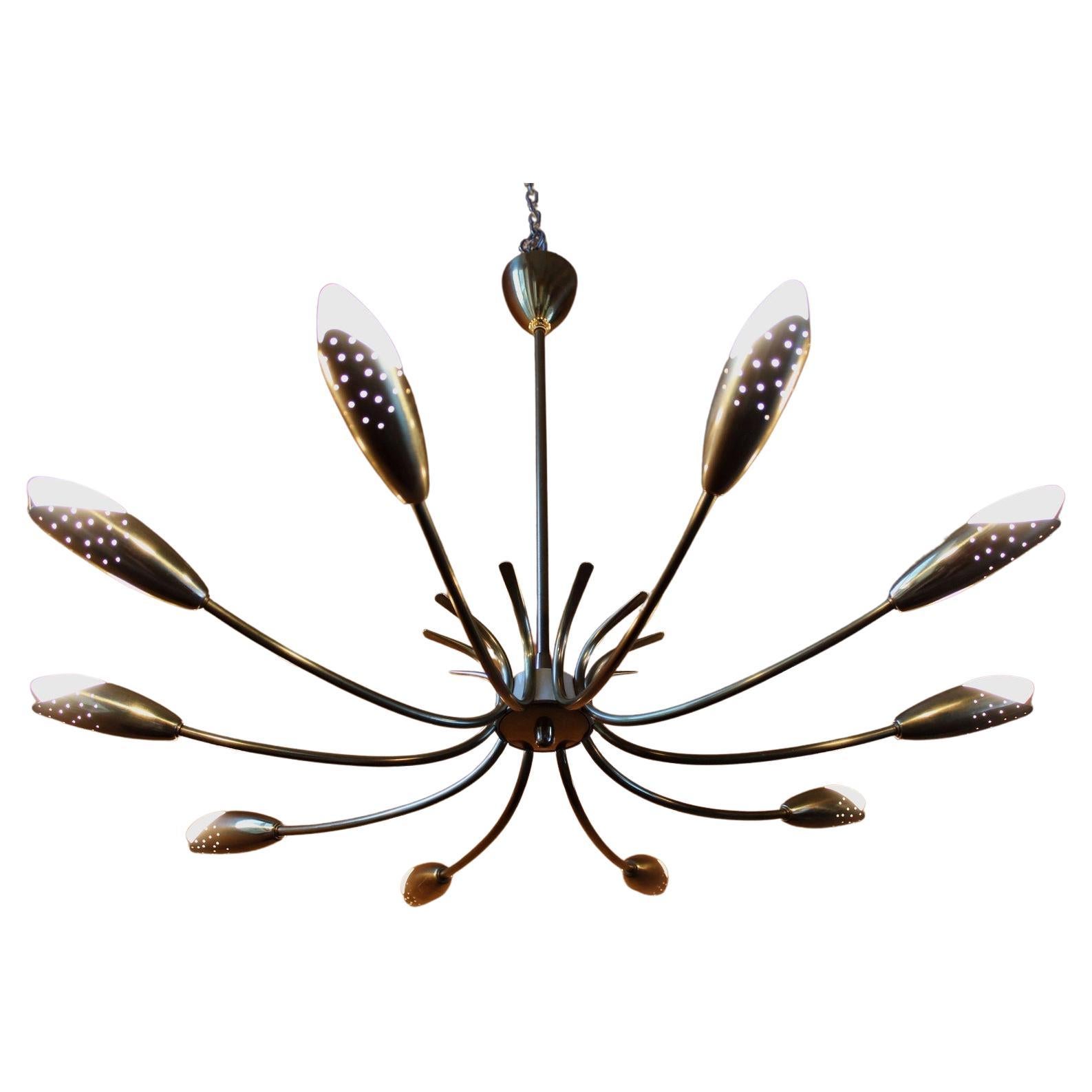 Set of Small Brass Spider Sputnik Chandelier + 2 Sconces, 1950s For Sale