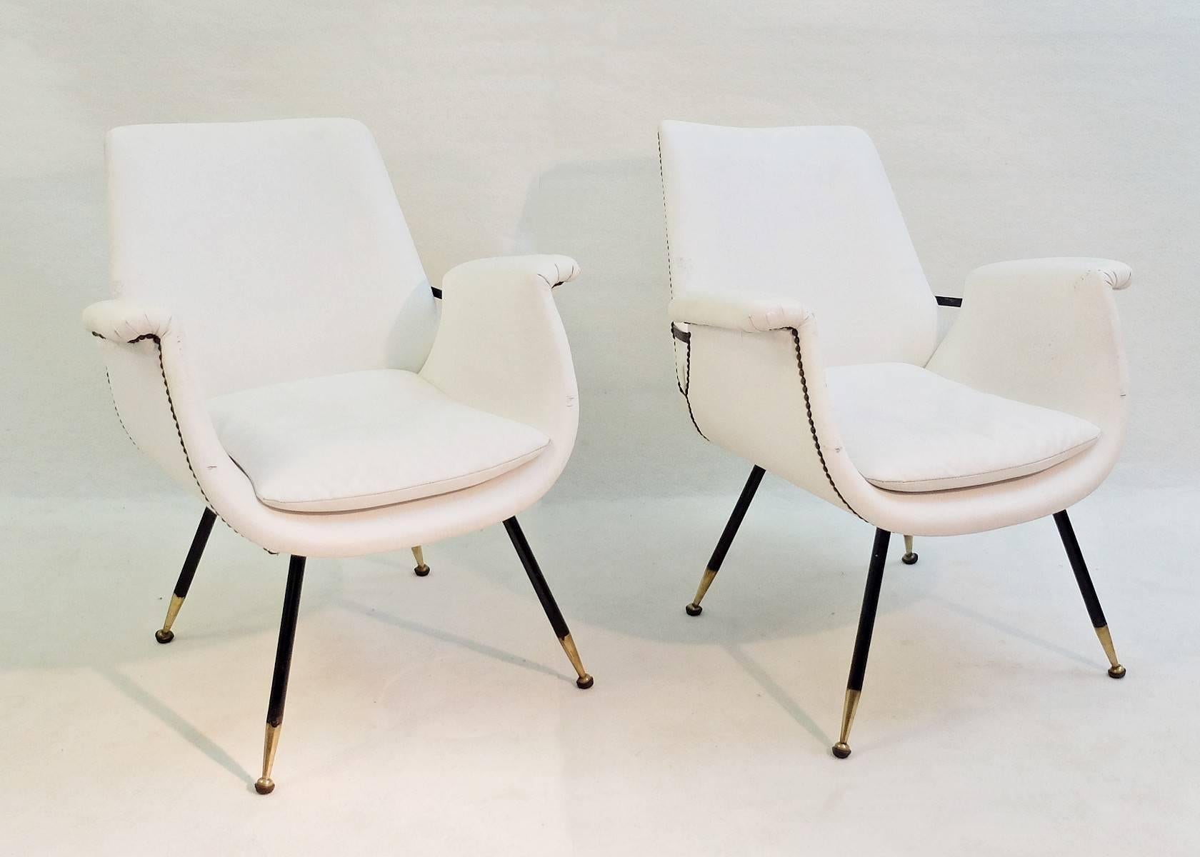 Mid-Century Modern Set of Small Italian Armchairs in White Faux Leather