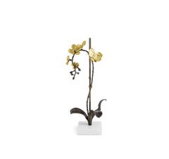 Set of Small Orchid Sculptures in Patinated Brass with Marble Base