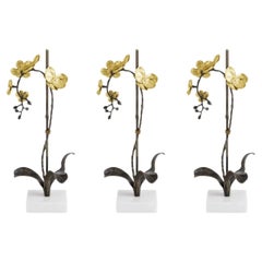 Set of Small Orchid Sculptures in Patinated Brass with Marble Base