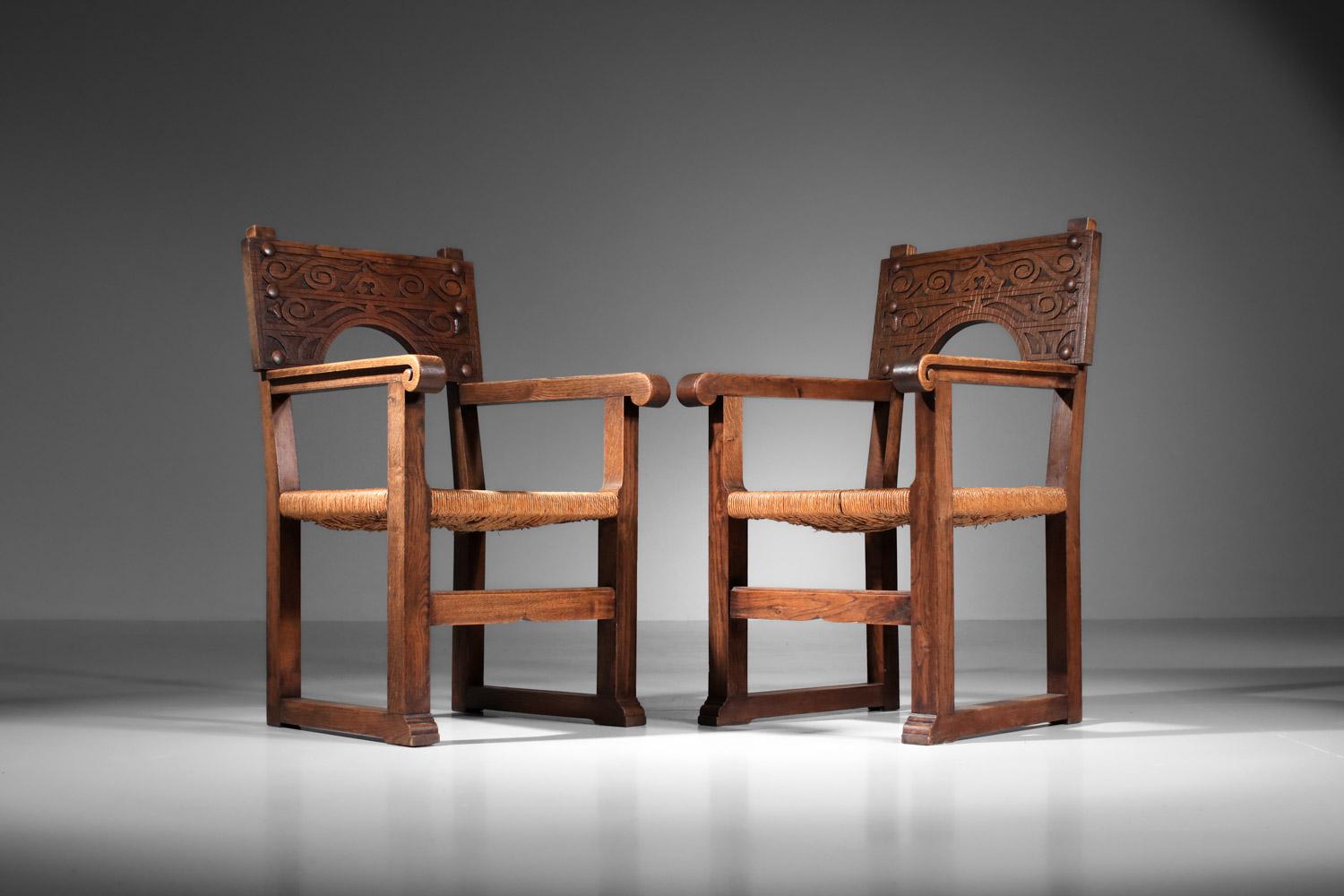 Set of solid oak and wicker chairs, carved Savina Joseph style For Sale 8