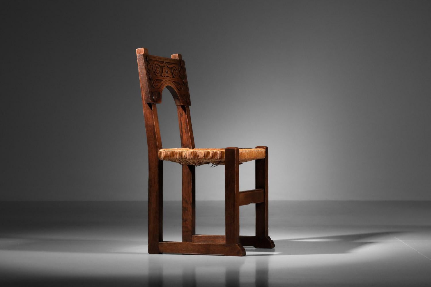 Set of solid oak and wicker chairs, carved Savina Joseph style In Good Condition For Sale In Ternay, Auvergne-Rhône-Alpes