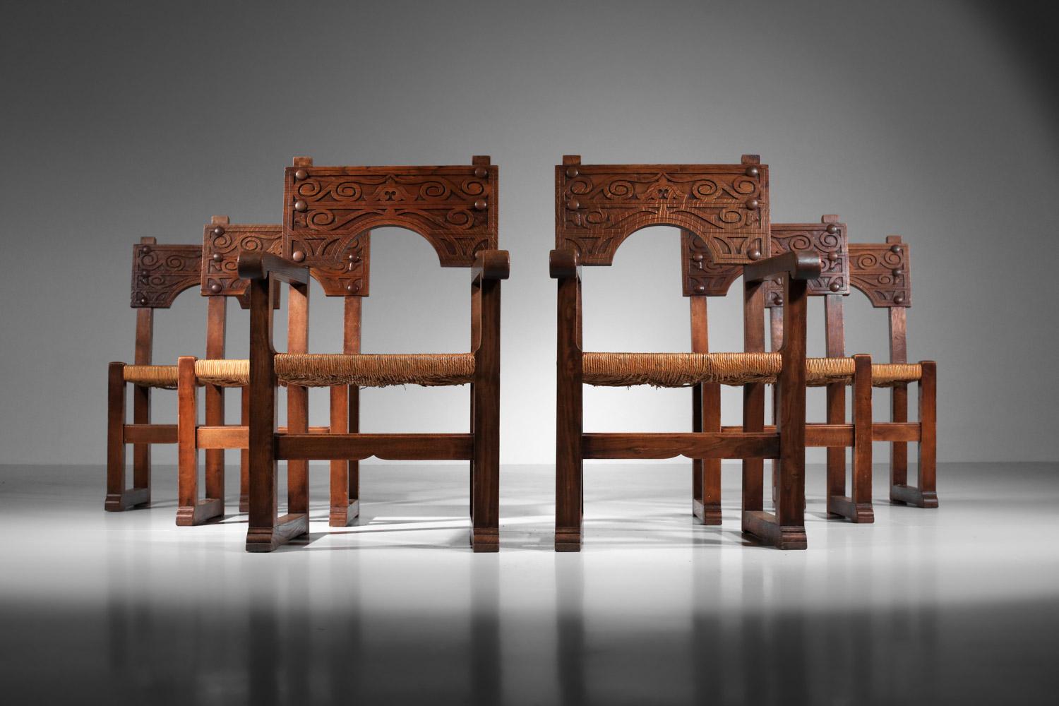 Set of solid oak and wicker chairs, carved Savina Joseph style For Sale 1