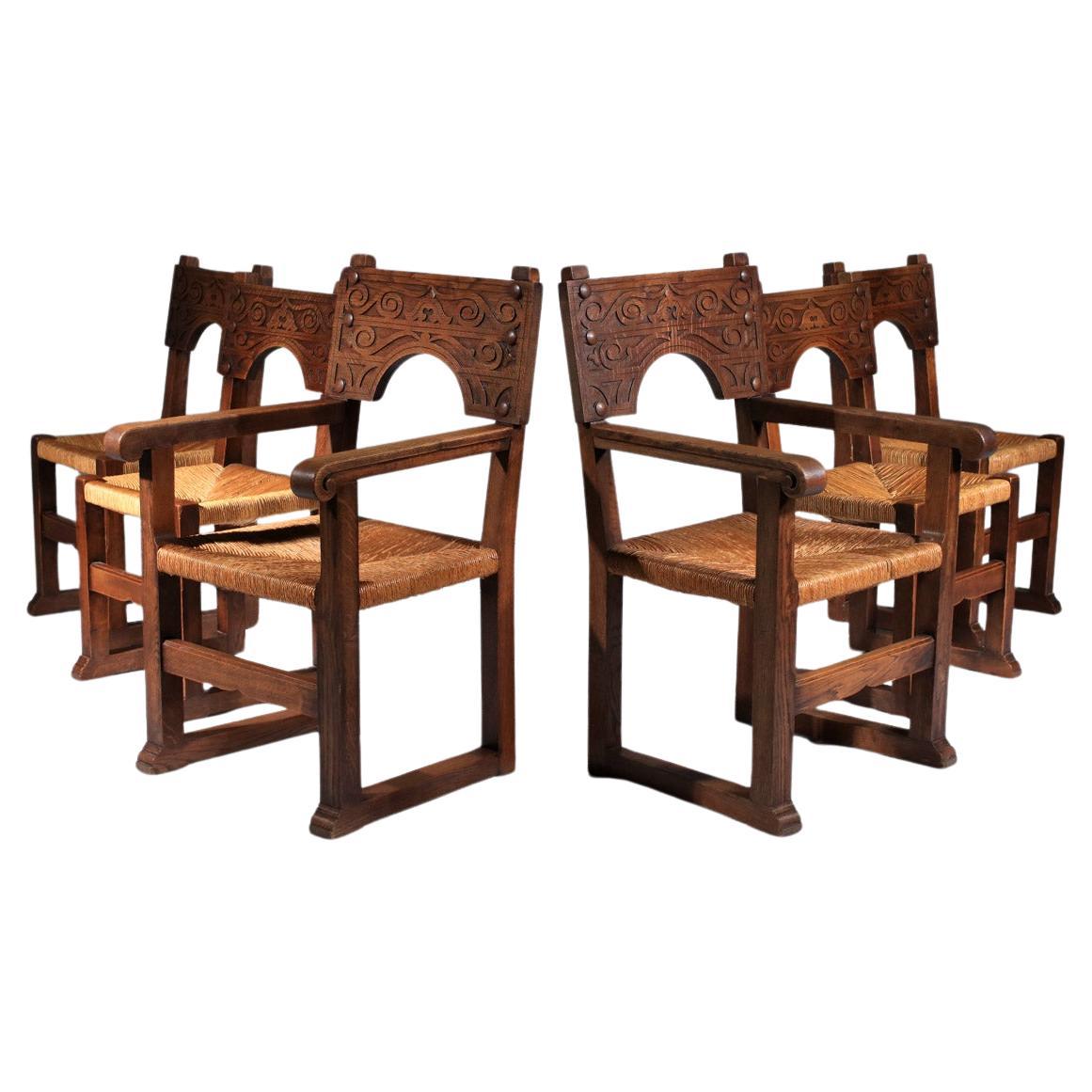 Set of solid oak and wicker chairs, carved Savina Joseph style