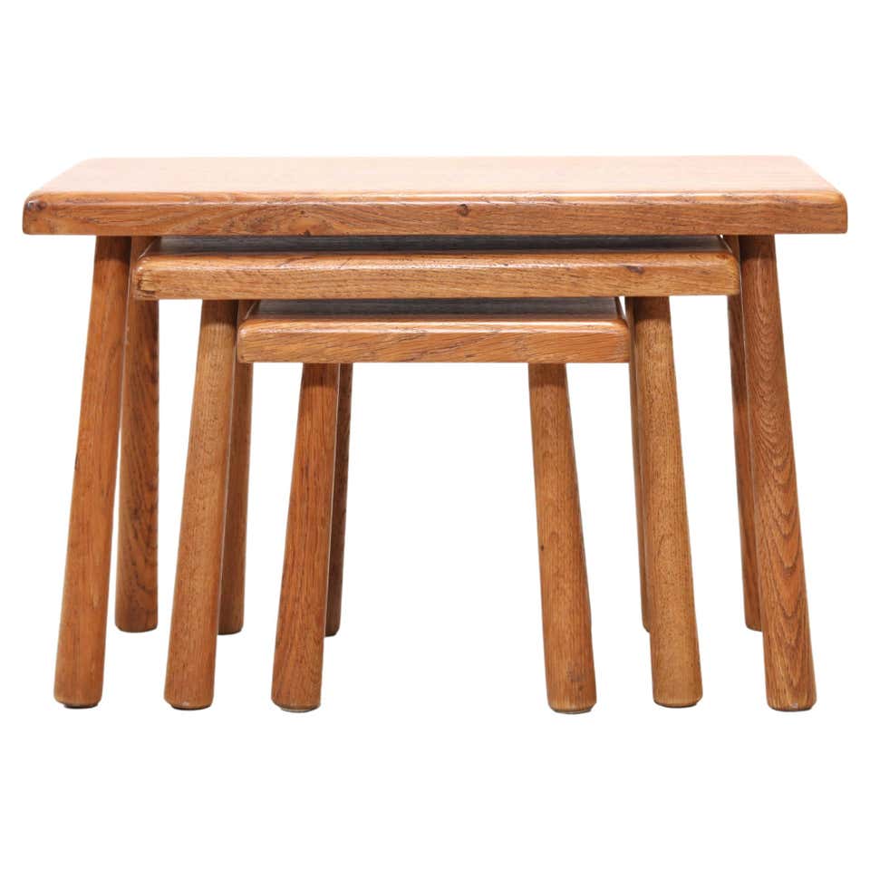 Round solid Oak Brutalist Artisan coffee table, 1970's For Sale at 1stDibs