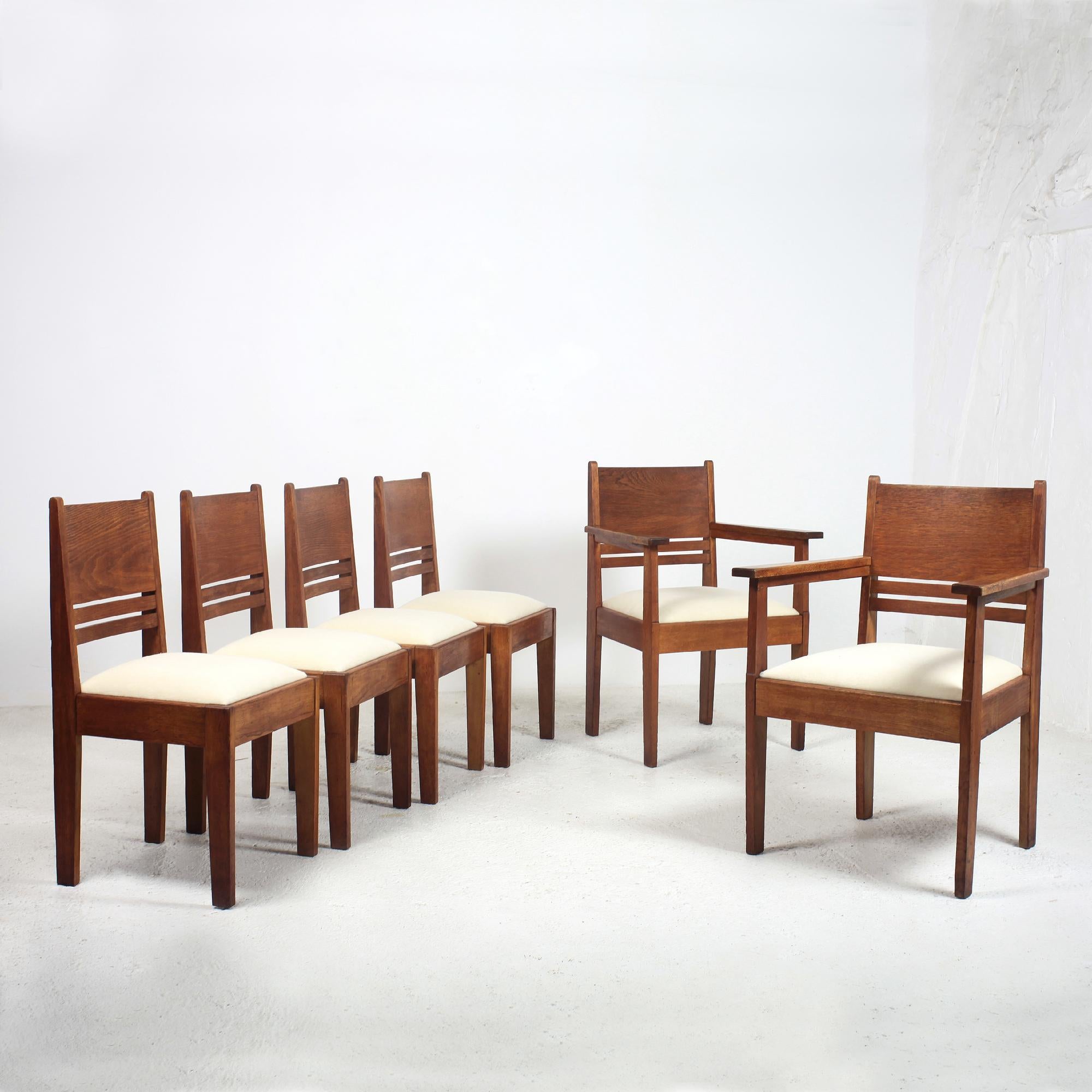 Set of Solid Oak Dining Chairs (4) and Armchairs (2) Reconstruction 1950 For Sale 8