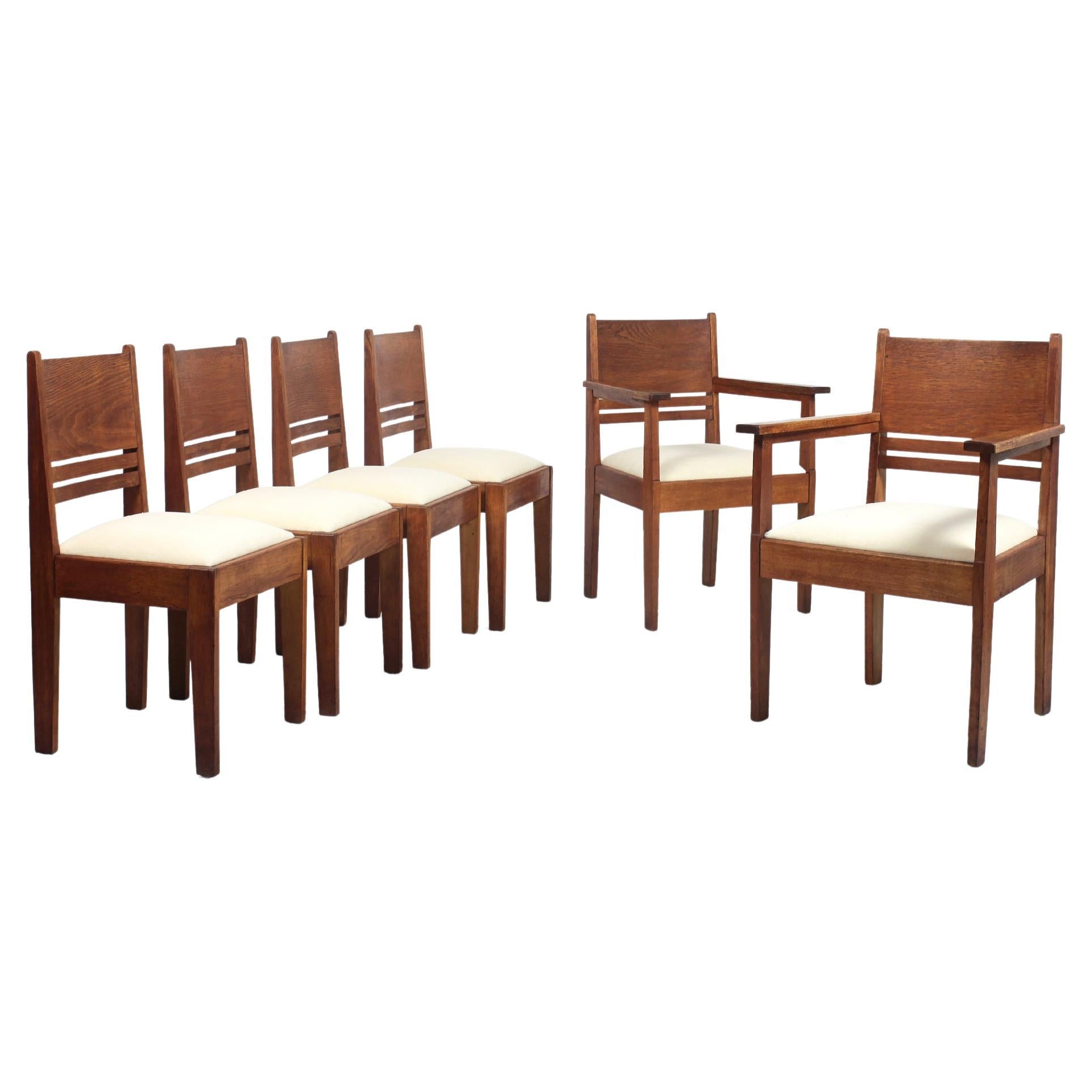Set of Solid Oak Dining Chairs (4) and Armchairs (2) Reconstruction 1950 For Sale