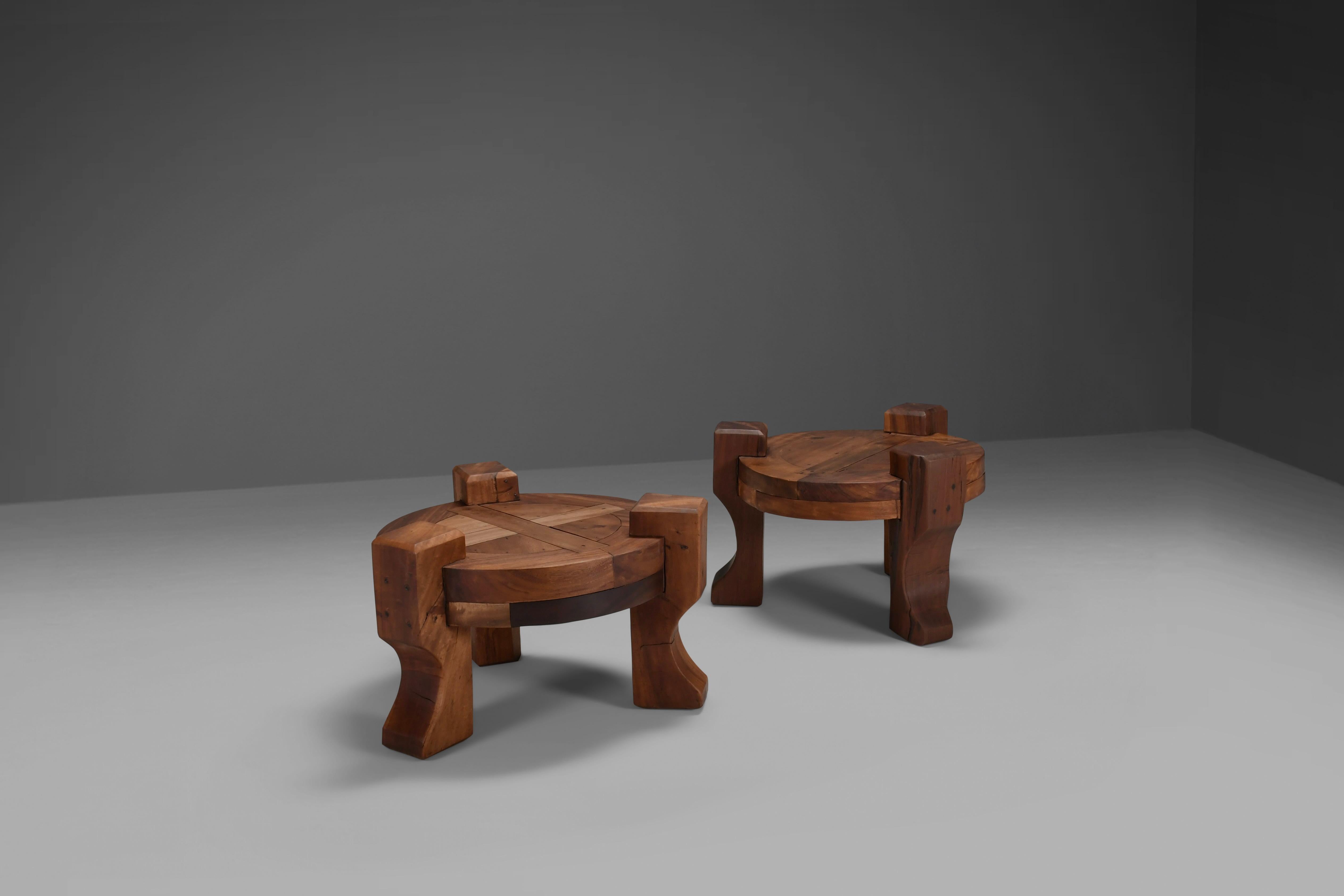 Brazilian Set of Solid wooden Brutalist end tables, Brazil, 1960s   For Sale