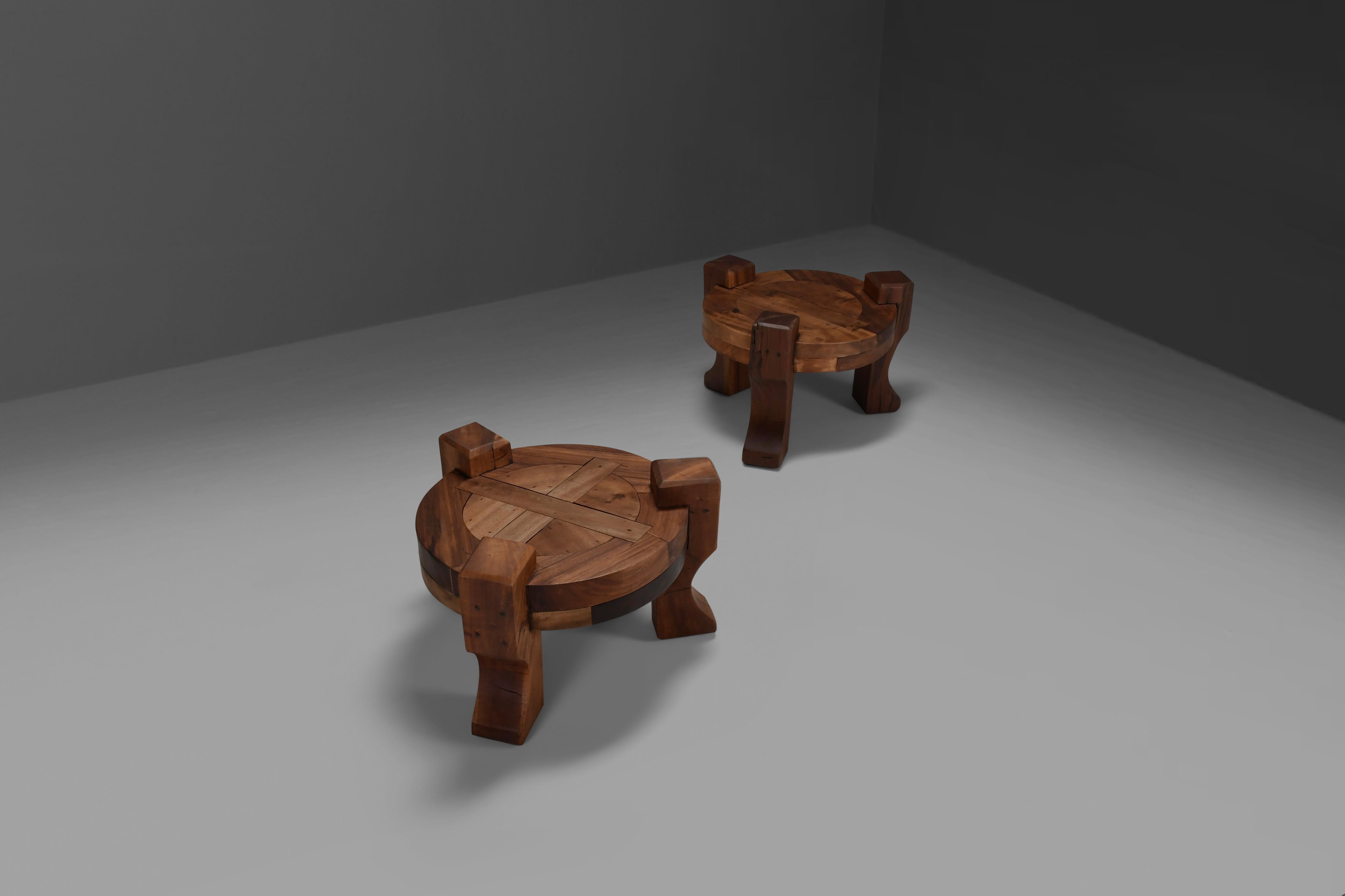Set of Solid wooden Brutalist end tables, Brazil, 1960s   In Good Condition For Sale In Echt, NL