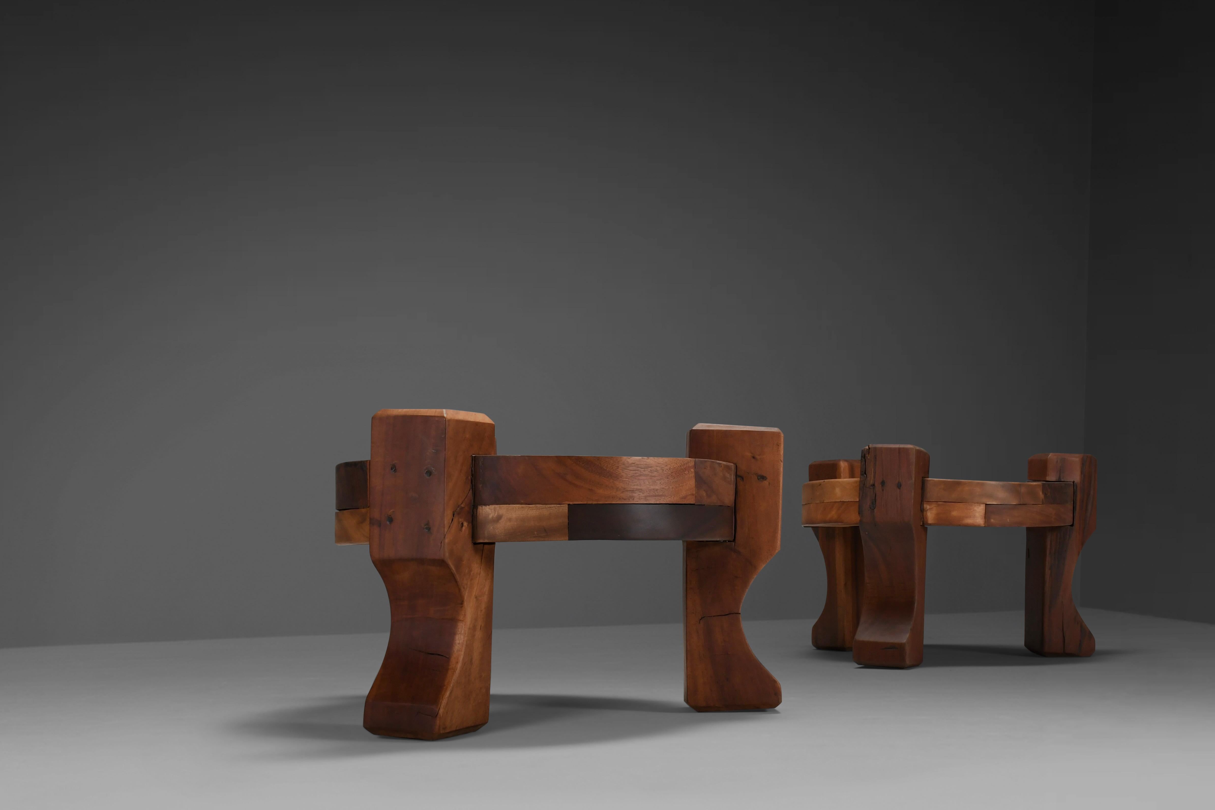 Wood Set of Solid wooden Brutalist end tables, Brazil, 1960s   For Sale