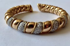 Solid 18 K yellow and White Gold Cuff Diamond Bracelet Bangle