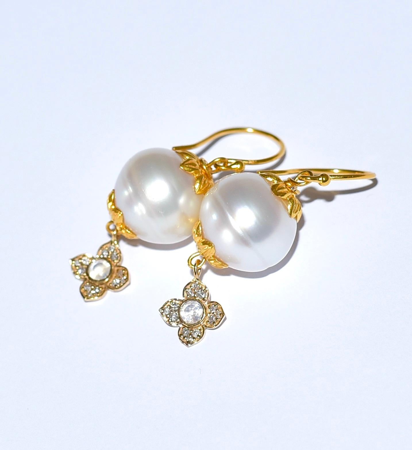 Bead South Sea Pearl, Diamond, Moonstone Earrings in 18K Solid Yellow Gold For Sale