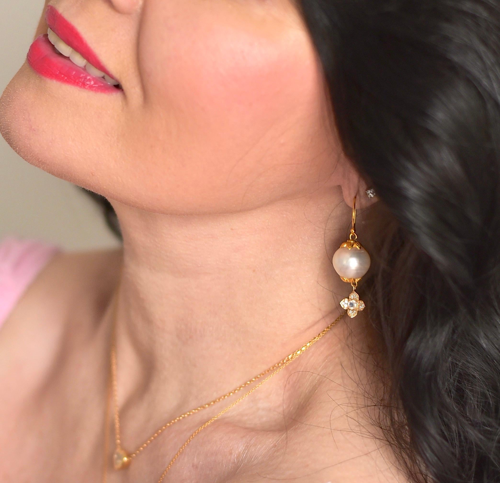 Artisan South Sea Pearl, Diamond, Moonstone Earrings in 18K Solid Yellow Gold