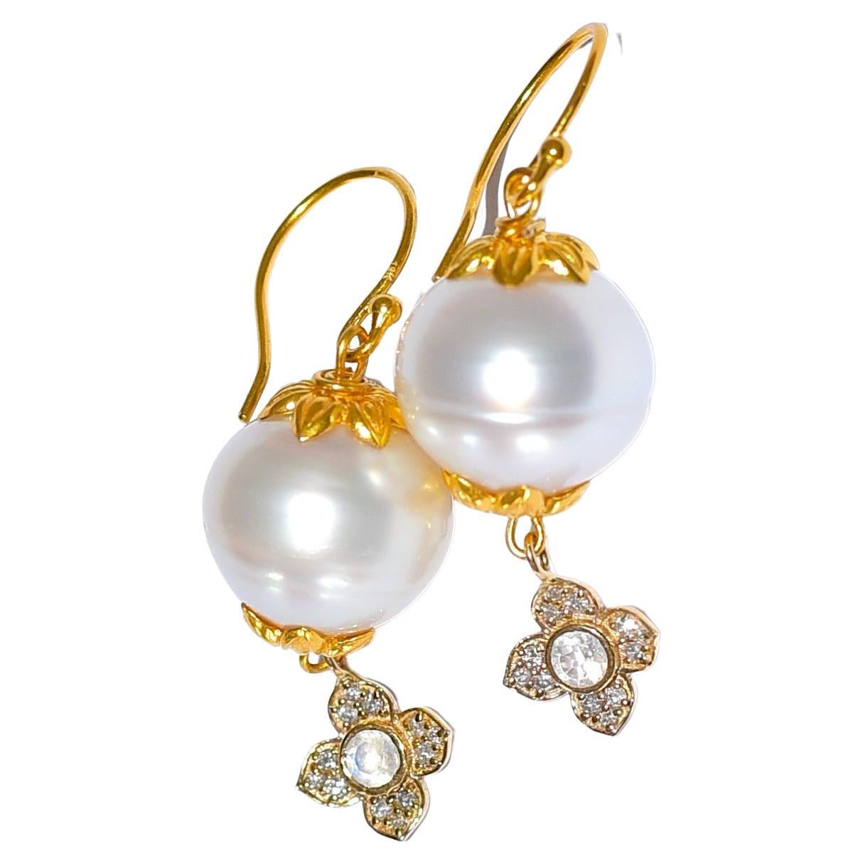 South Sea Pearl, Diamond, Moonstone Earrings in 18K Solid Yellow Gold For Sale