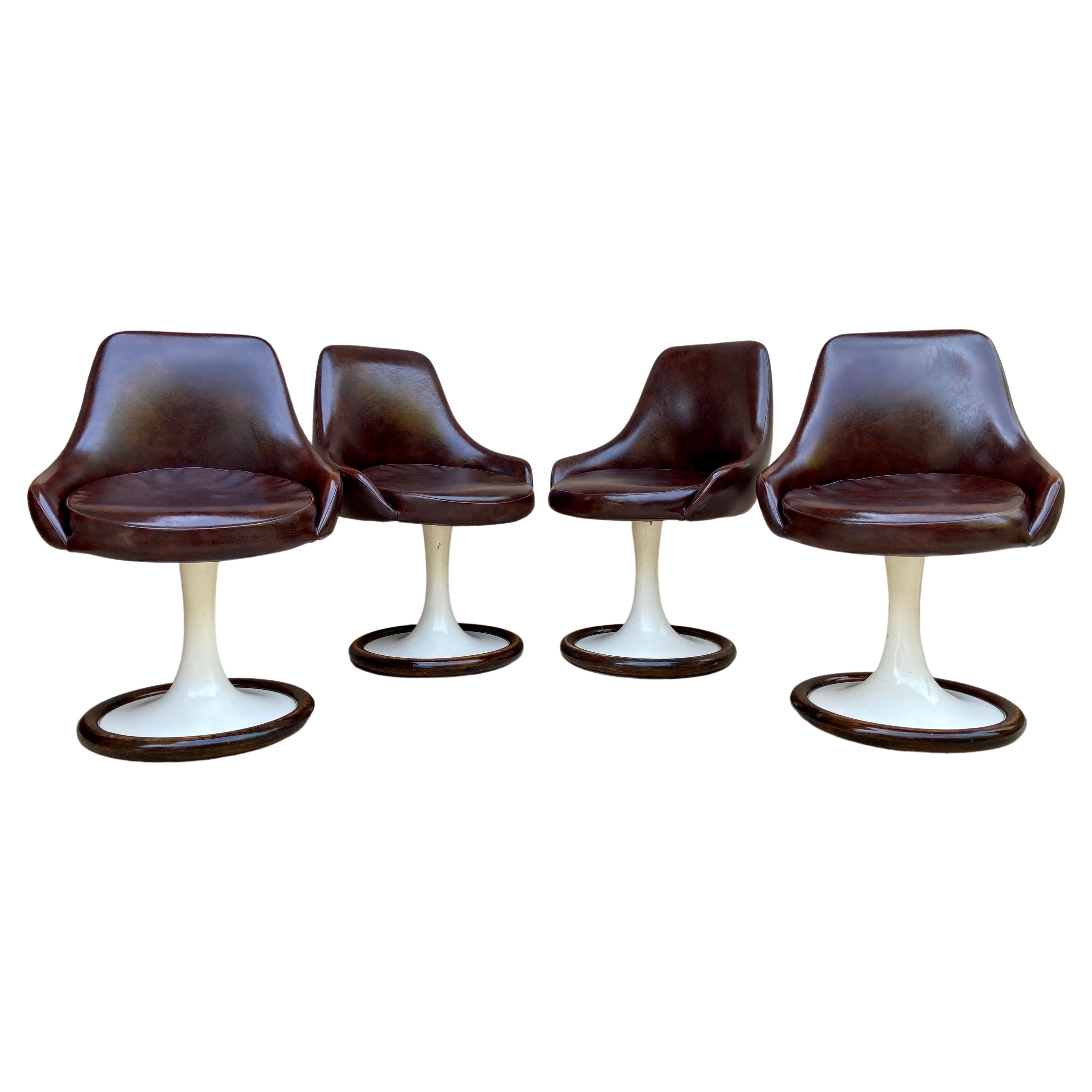 Set of Space Age Swivel Chairs in Original Brown Leather For Sale