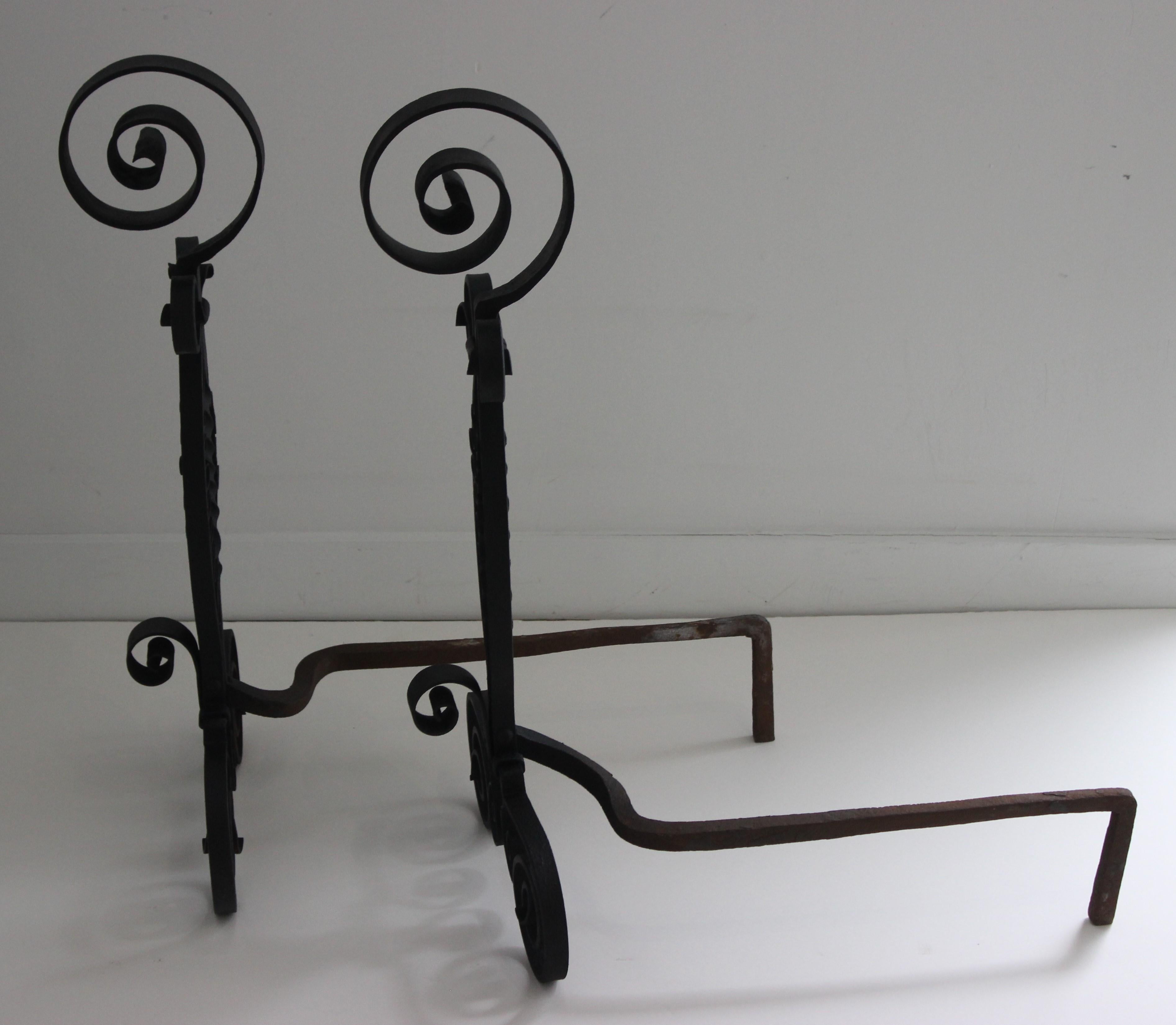 American Set of Spanish Colonial Style Wrought Iron Andirons by Addison Mizner