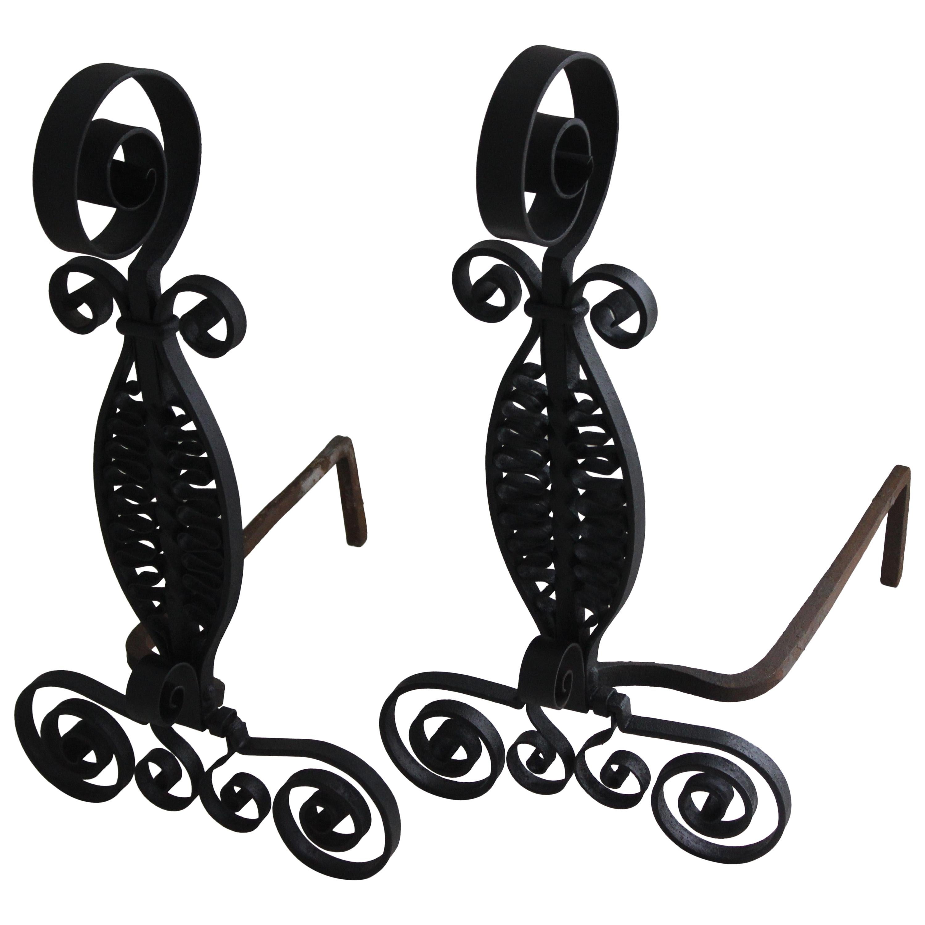 Set of Spanish Colonial Style Wrought Iron Andirons by Addison Mizner