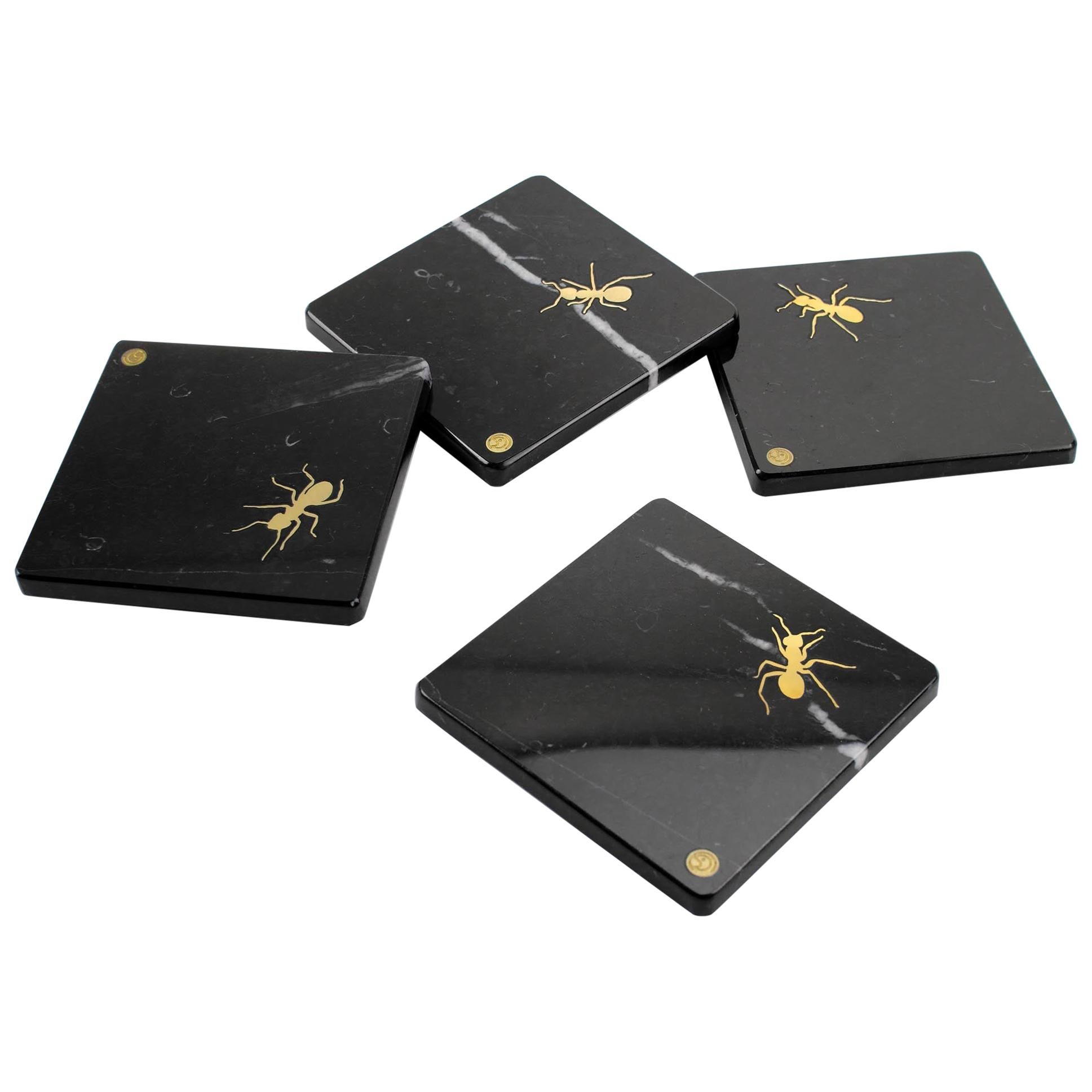 Coasters Square Barware Tableware Black Marquina Marble Brass Inlay Ants Italy For Sale