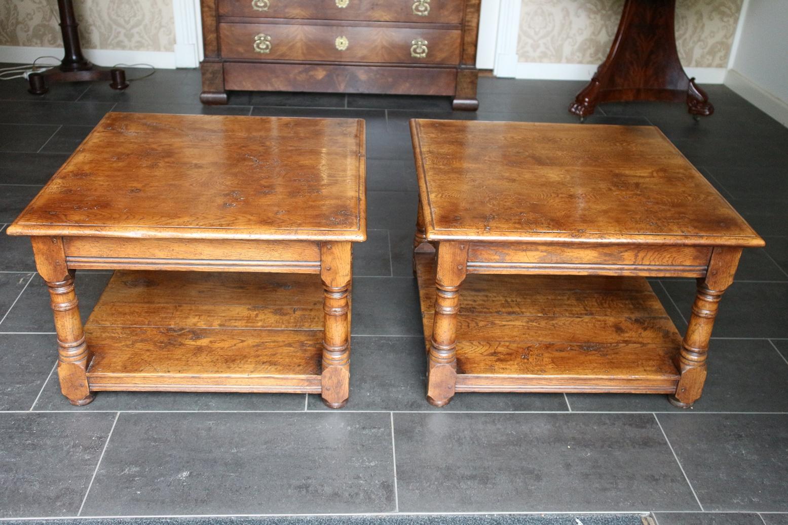 English Set of Square Oak Side Tables with Bottom Shelf