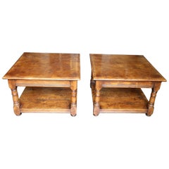 Set of Square Oak Side Tables with Bottom Shelf