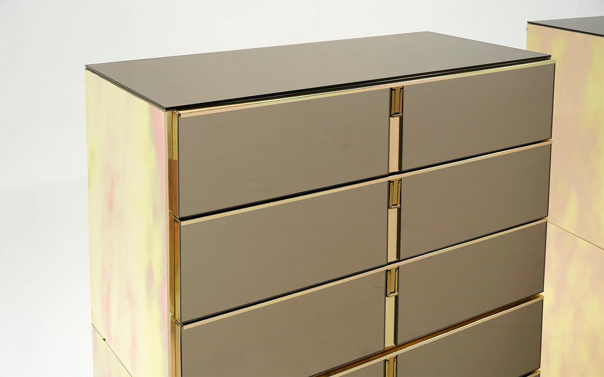 Hollywood Regency Set of Stacked Ello Dressers / Chests of Drawers in Bronze Mirror and Brass