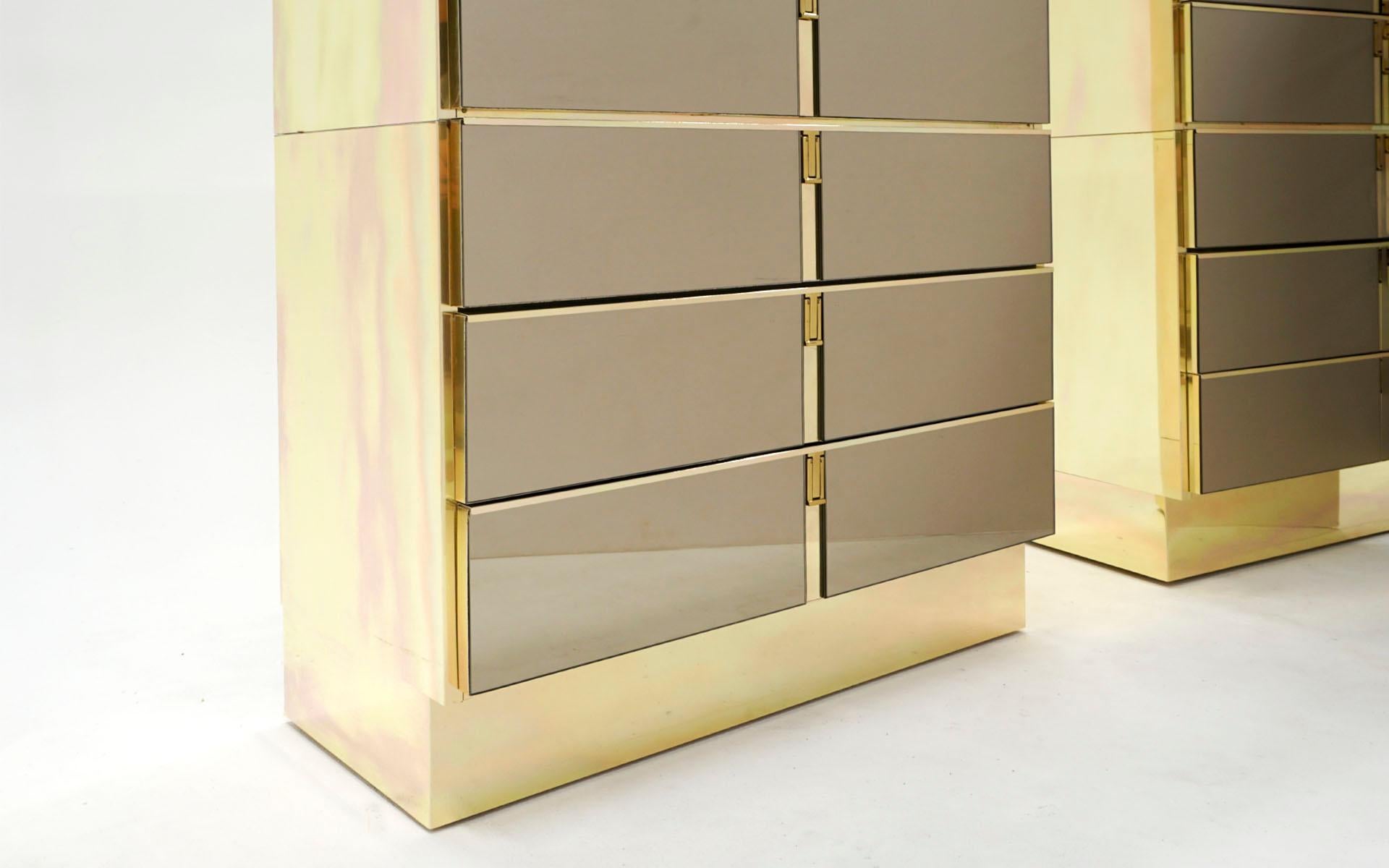 American Set of Stacked Ello Dressers / Chests of Drawers in Bronze Mirror and Brass