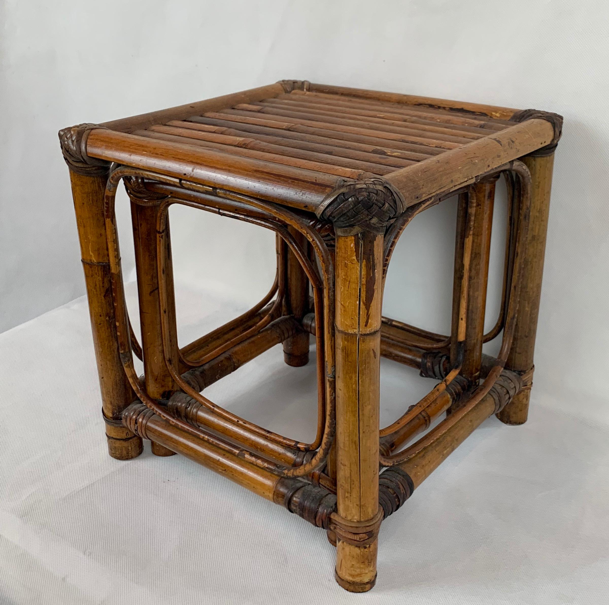 Chinoiserie Set of Two Stacking Bamboo Tables with Added Beveled Glass Tops