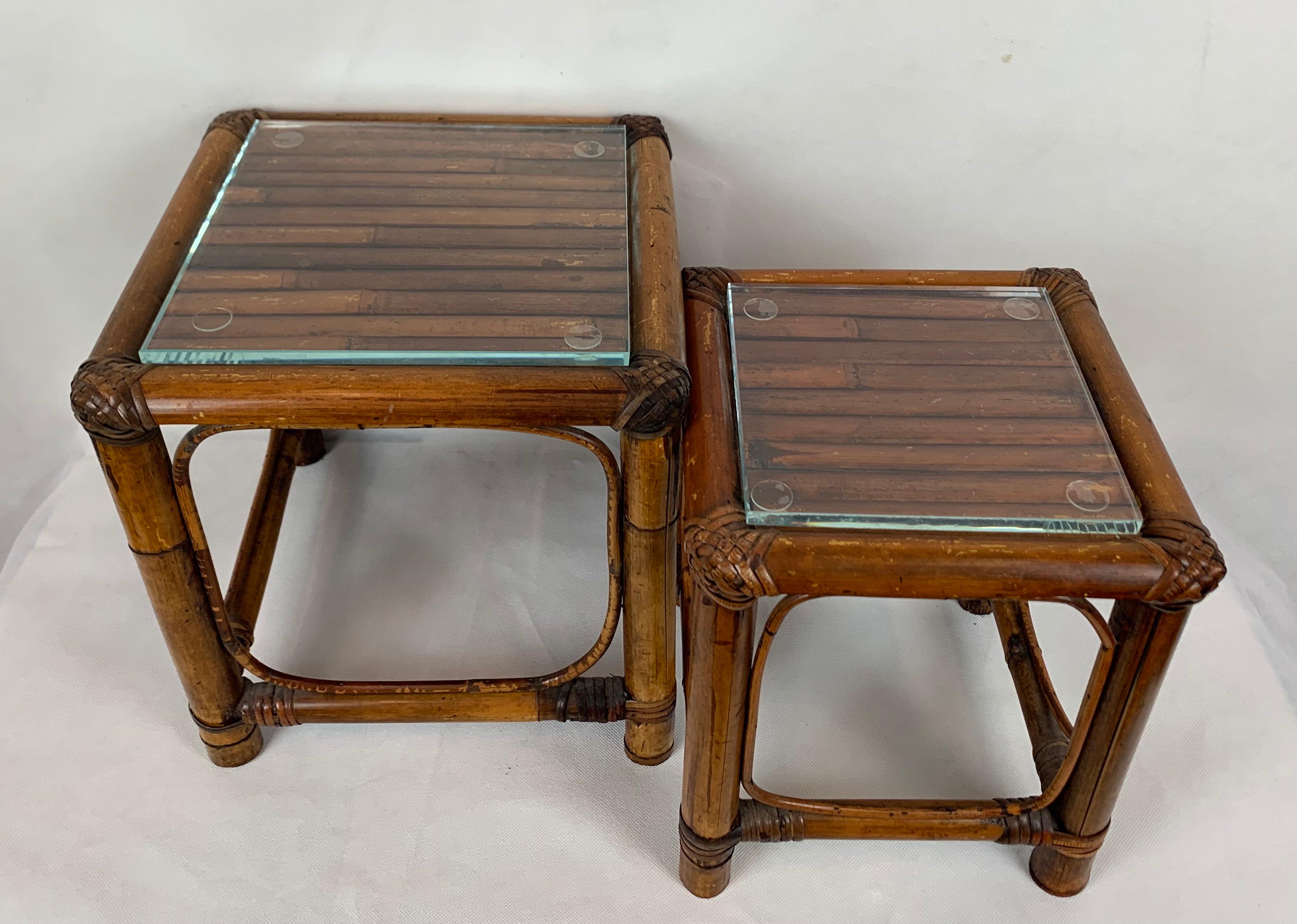 Chinese Set of Two Stacking Bamboo Tables with Added Beveled Glass Tops
