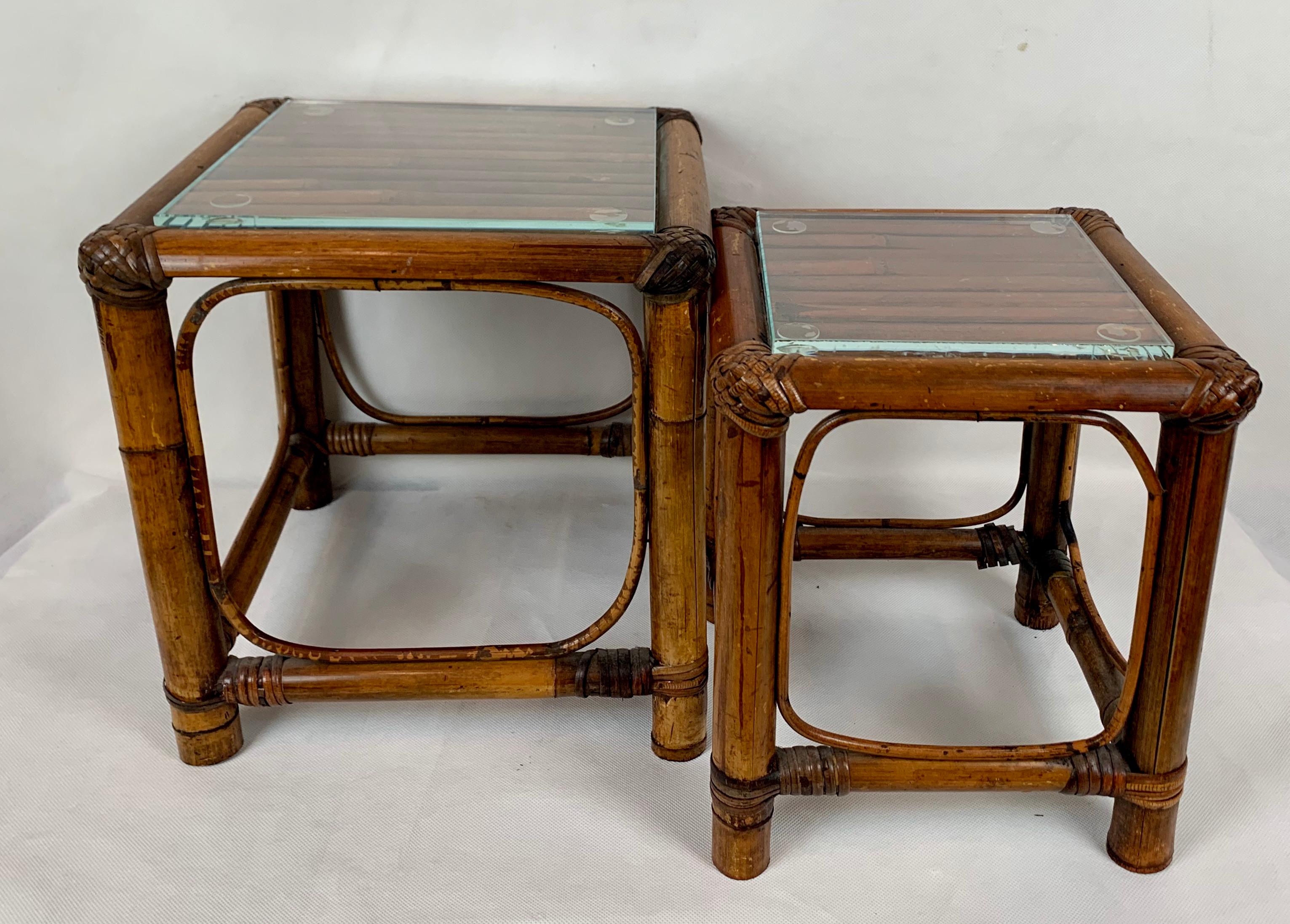 Set of Two Stacking Bamboo Tables with Added Beveled Glass Tops 2