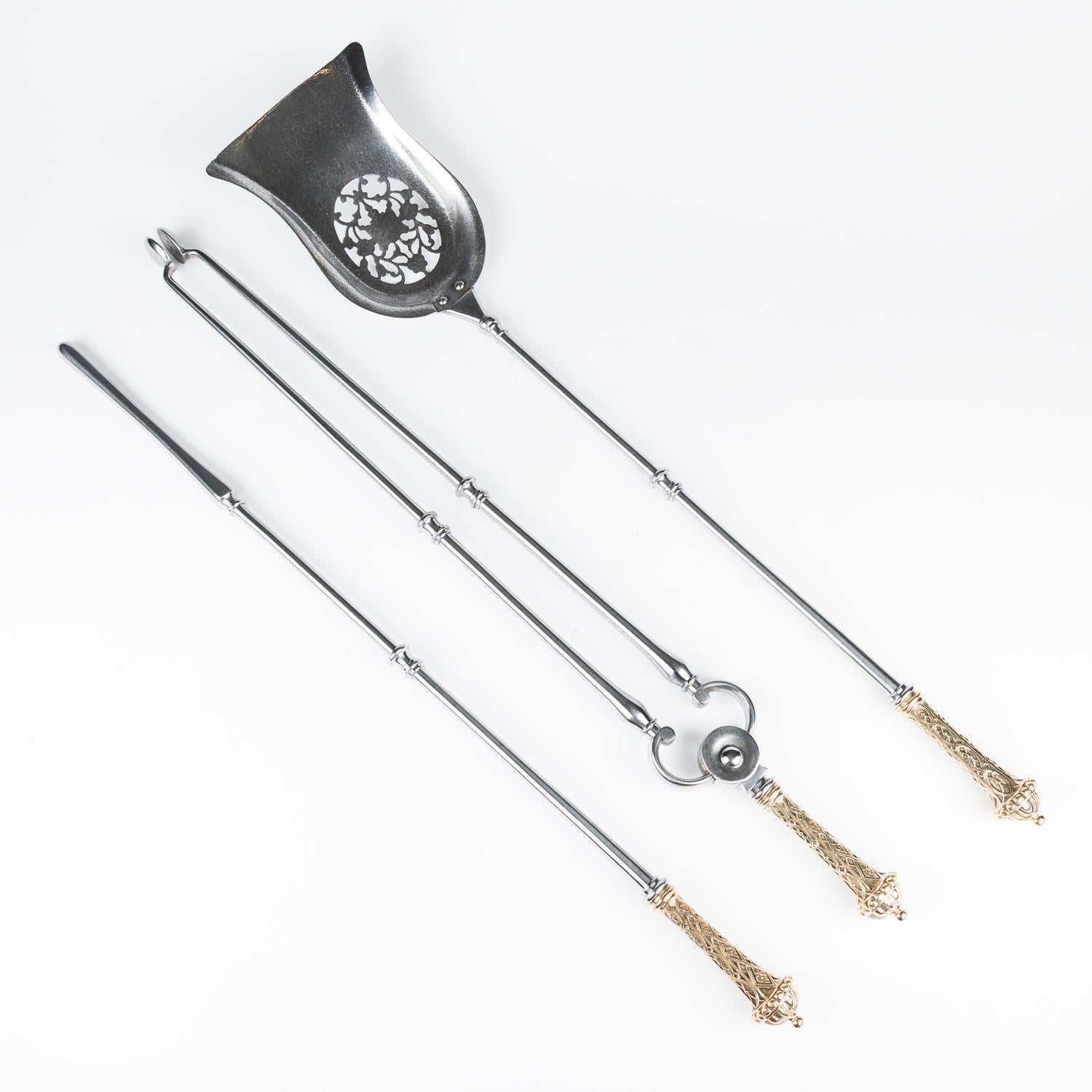 Set of steel & brass fire irons, shovel, tongs, and poker. For Sale 6