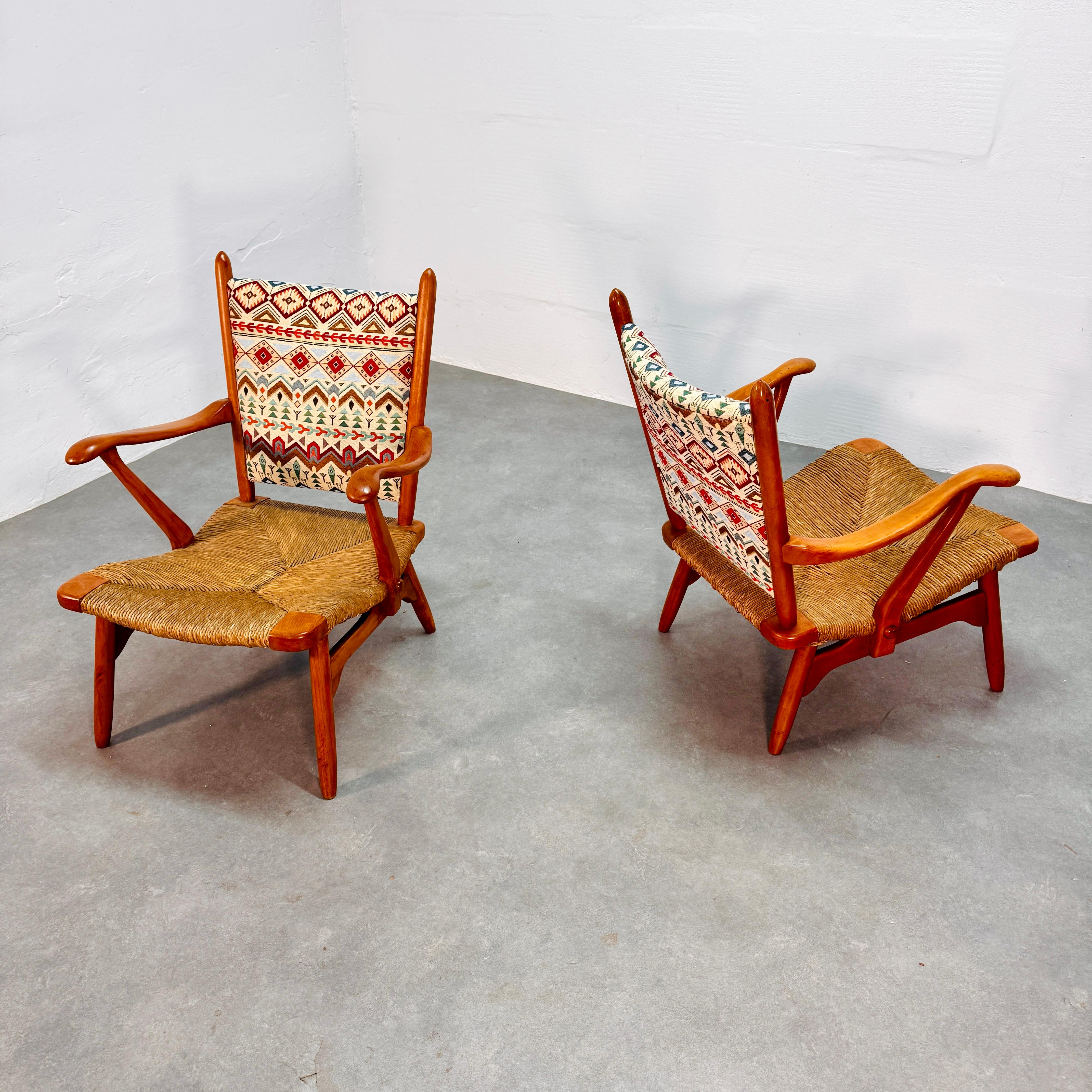 Set of 'Ster Gelderland' cherrywood rush seat armchairs, 1960's 2