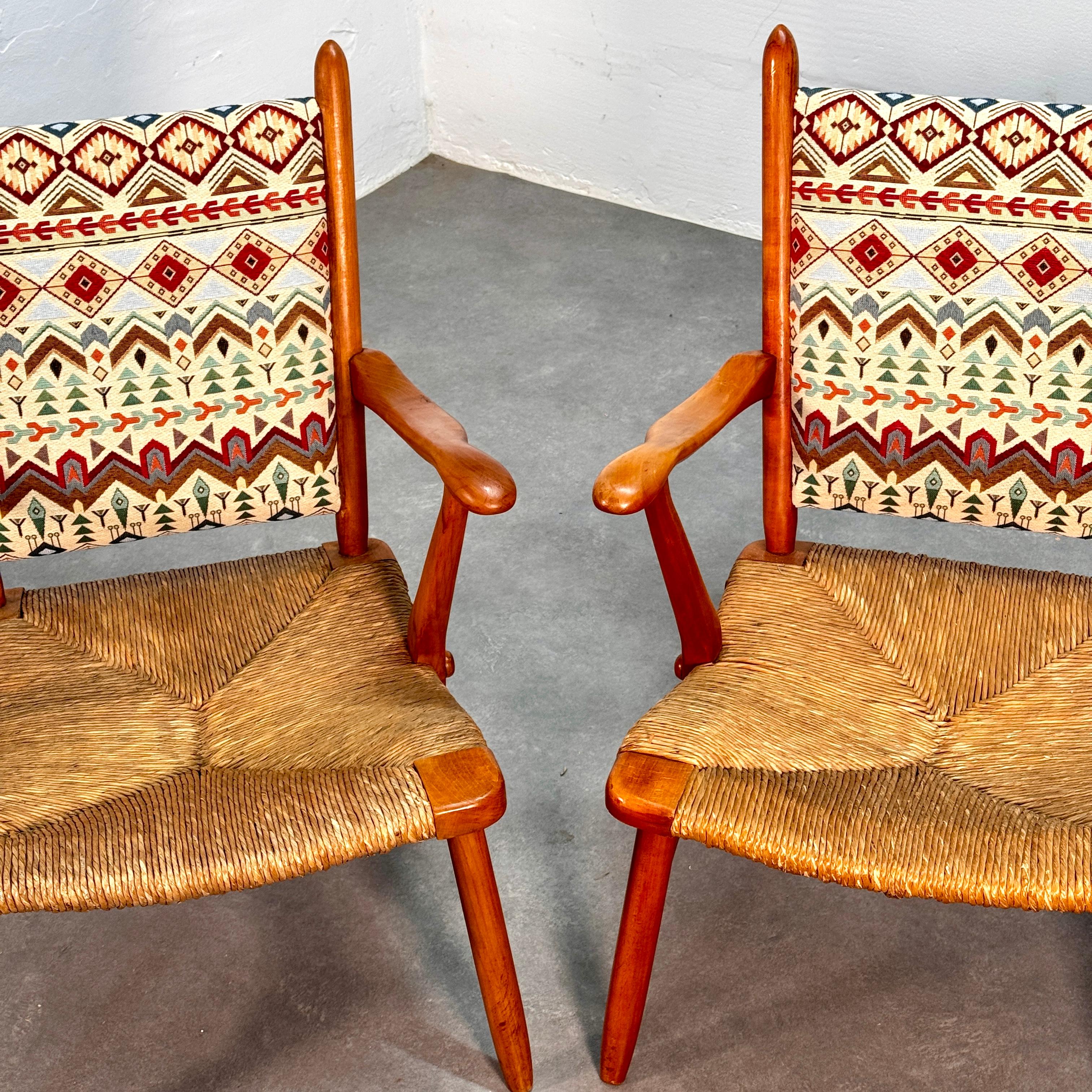 Set of 'Ster Gelderland' cherrywood rush seat armchairs, 1960's 3
