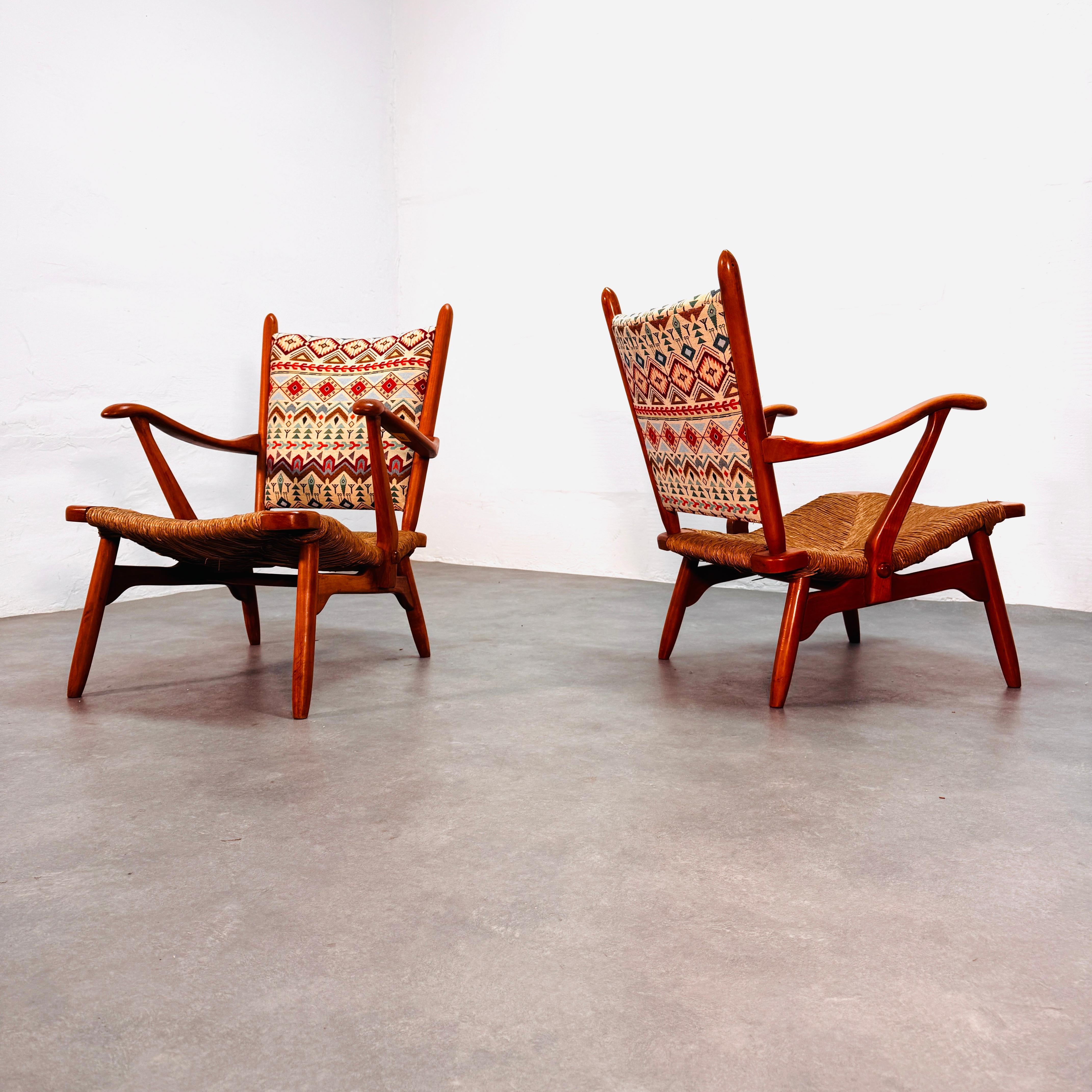 Set of 'Ster Gelderland' cherrywood rush seat armchairs, 1960's 7