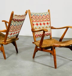 Set of 'Ster Gelderland' cherrywood rush seat armchairs, 1960's