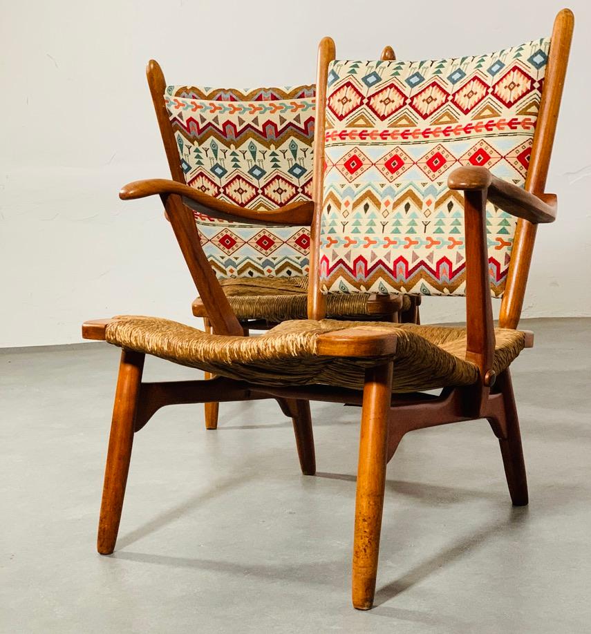 Mid-Century Modern Set of 'Ster Gelderland' cherrywood rush seat armchairs, 1960's