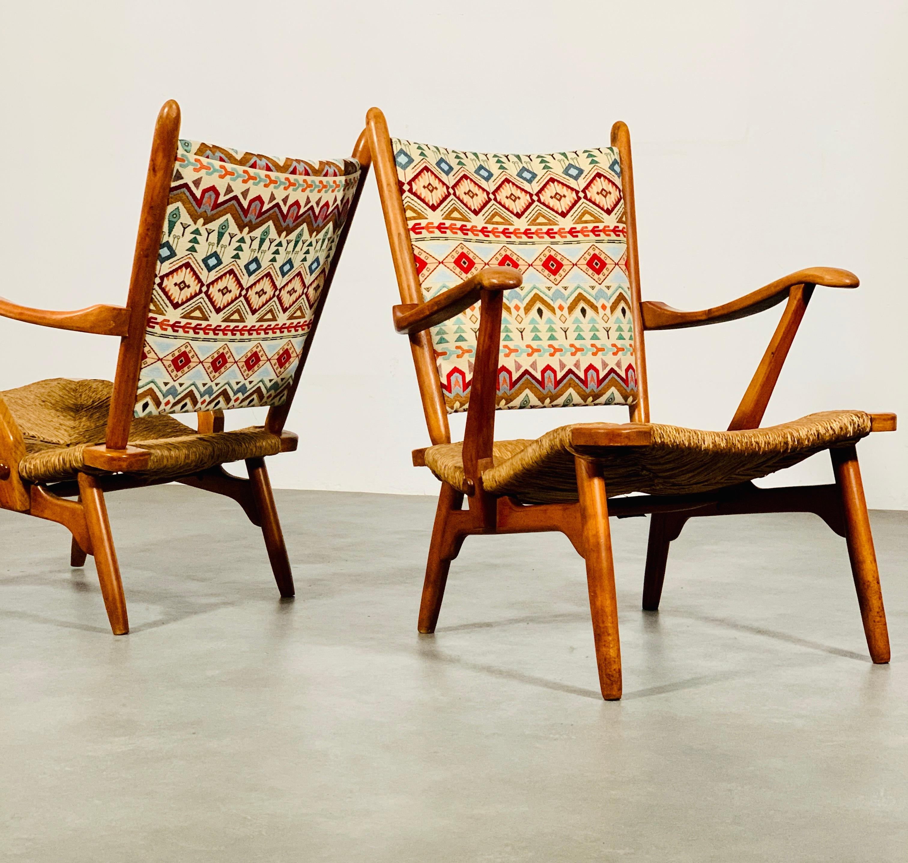 Dutch Set of 'Ster Gelderland' cherrywood rush seat armchairs, 1960's For Sale