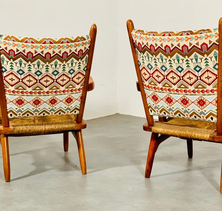 Ikat Set of 'Ster Gelderland' cherrywood rush seat armchairs, 1960's
