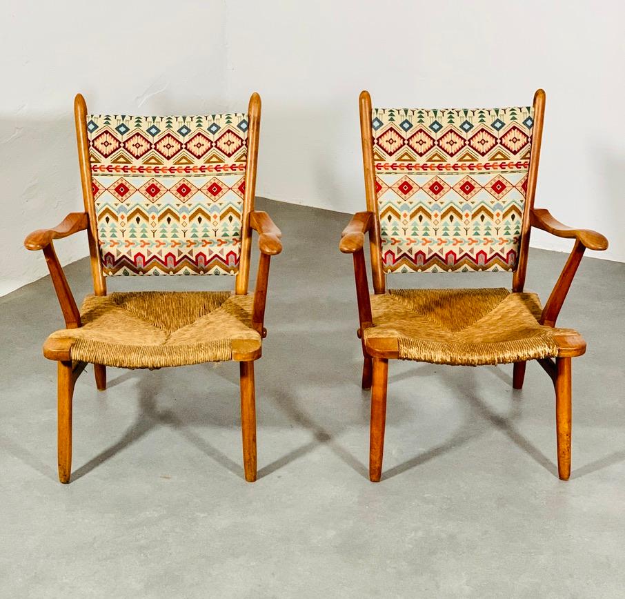20th Century Set of 'Ster Gelderland' cherrywood rush seat armchairs, 1960's