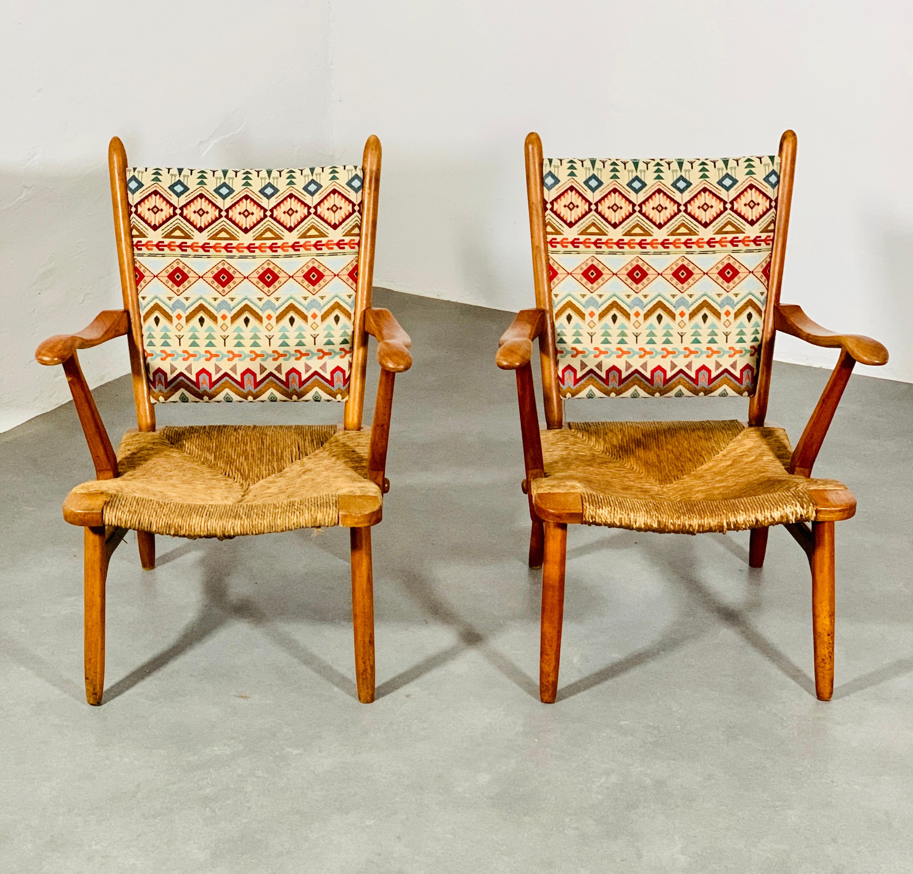 20th Century Set of 'Ster Gelderland' cherrywood rush seat armchairs, 1960's For Sale