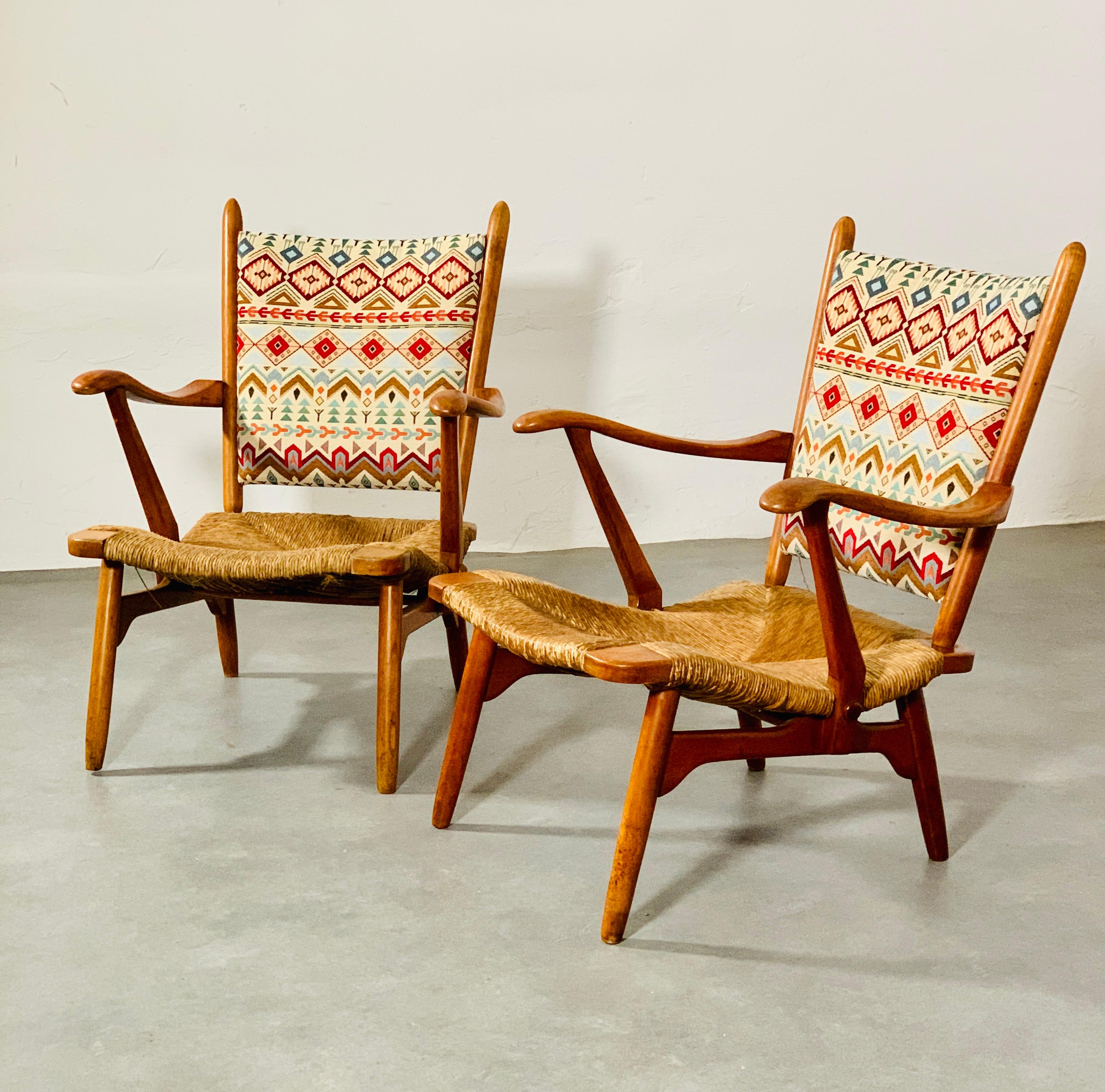 Cotton Set of 'Ster Gelderland' cherrywood rush seat armchairs, 1960's For Sale