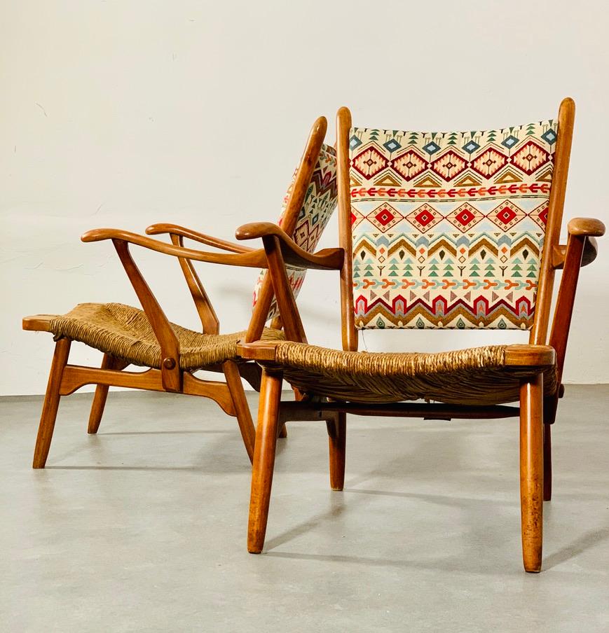 Set of 'Ster Gelderland' cherrywood rush seat armchairs, 1960's 1