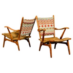 Set of 'Ster Gelderland' cherrywood rush seat armchairs, 1960's