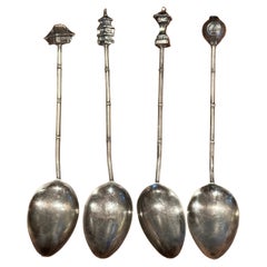 Vintage Set of Sterling Silver Asian Pagoda Motif Demitasse Spoons with Bamboo Shafts