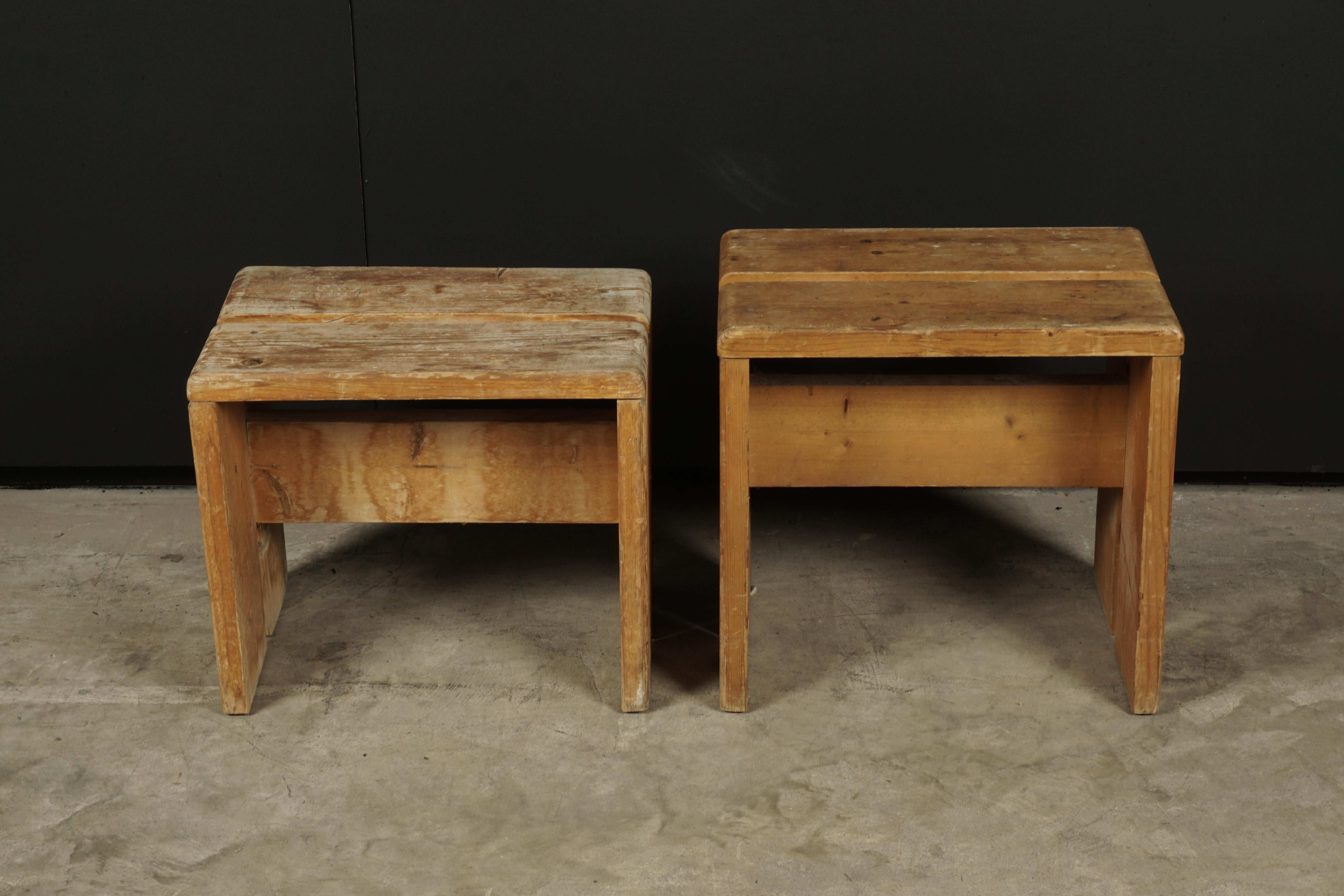 Rare pair of stools by Charlotte Perriand for Les Arcs Ski Resort, circa 1960. Solid pine construction. One stool has been cut and lowered many years ago. See images.
Measures: Second stool height 15