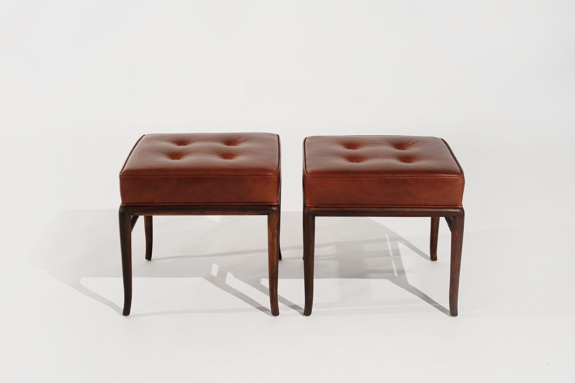 T.H. Robsjohn-Gibbings for Widdicomb Vintage Sabre Leg Stools, circa 1950s. Meticulously restored walnut frames exude warmth, while reupholstered cognac leather adds a touch of luxury. Perfect for any space seeking timeless sophistication.