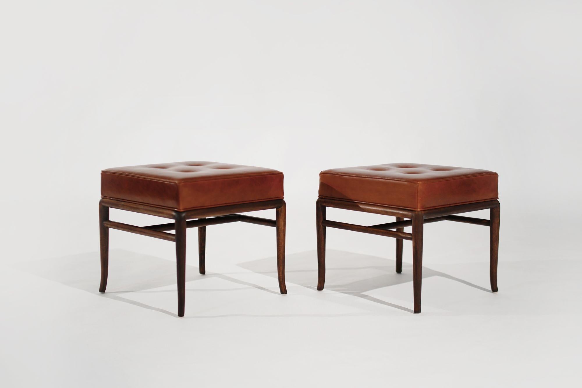 Mid-Century Modern Set of Stools by T.H. Robsjohn-Gibbings in Cognac Leather, C. 1950s