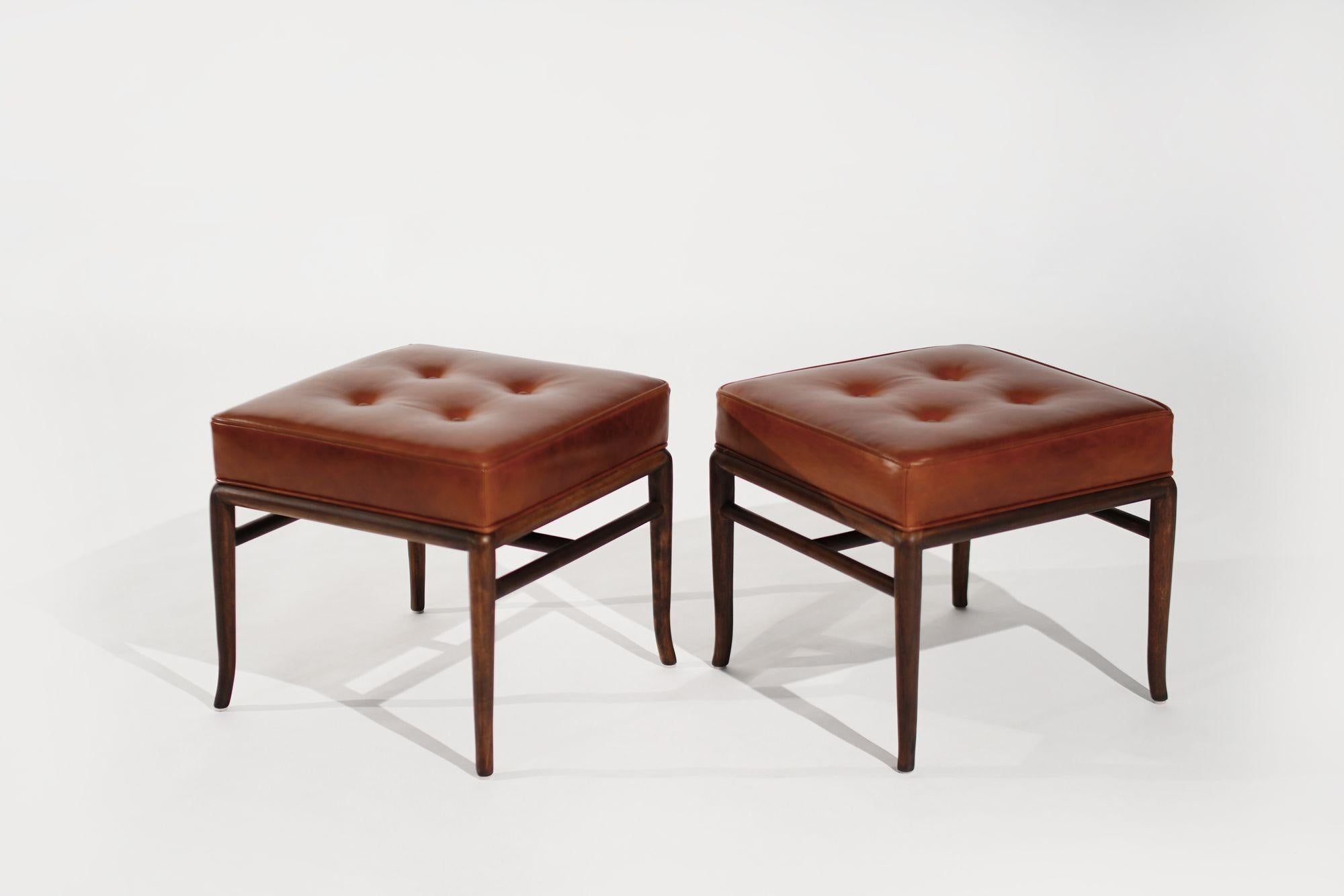 Set of Stools by T.H. Robsjohn-Gibbings in Cognac Leather, C. 1950s In Excellent Condition In Westport, CT