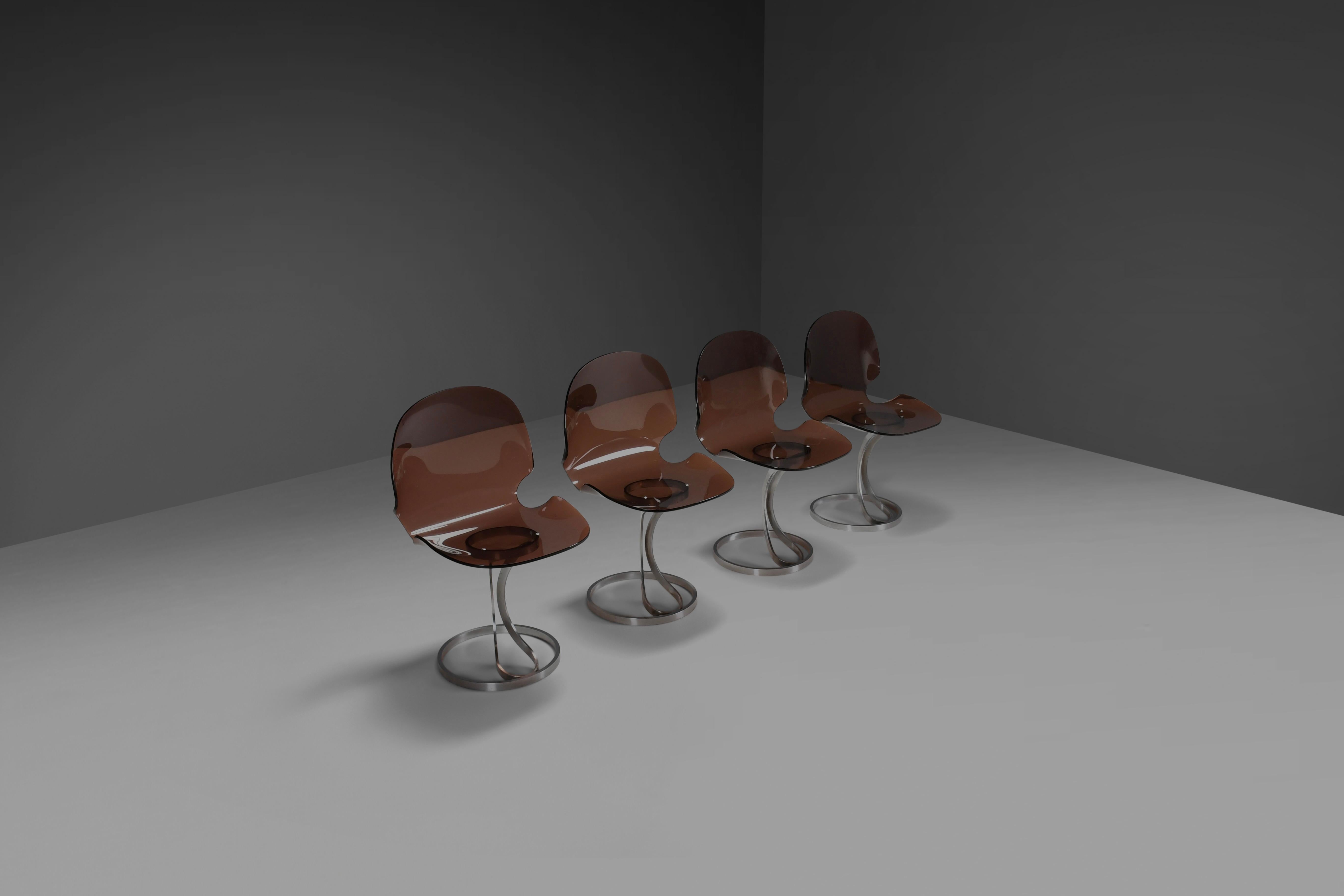 Mid-Century Modern Set of Stunning Metal and Lucite Dining Chairs by Maison Rinck, France 1973 For Sale